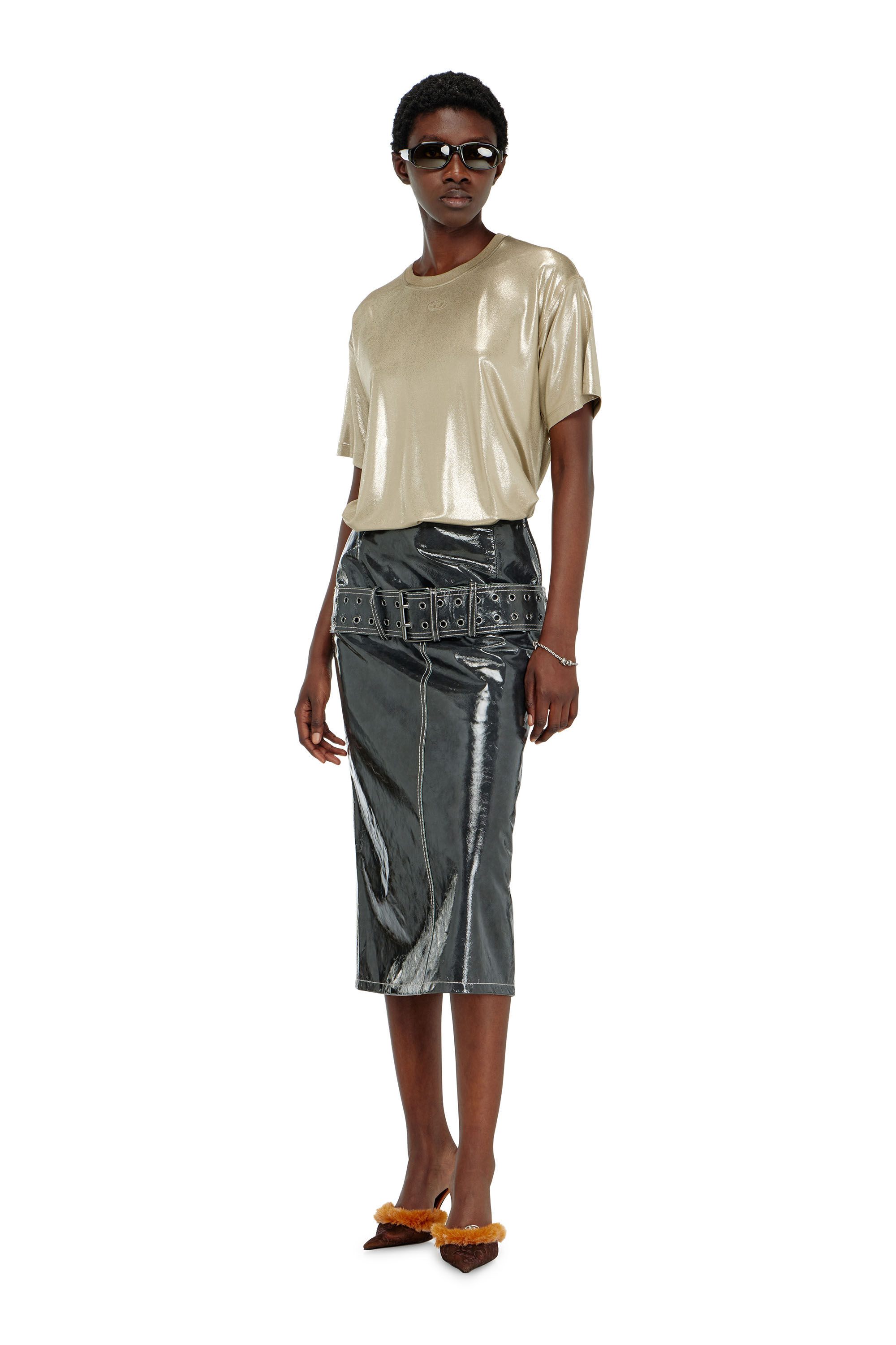 Diesel - T-NORMY-AA2, Woman's Jersey T-shirt with metallic finish in Beige - 1