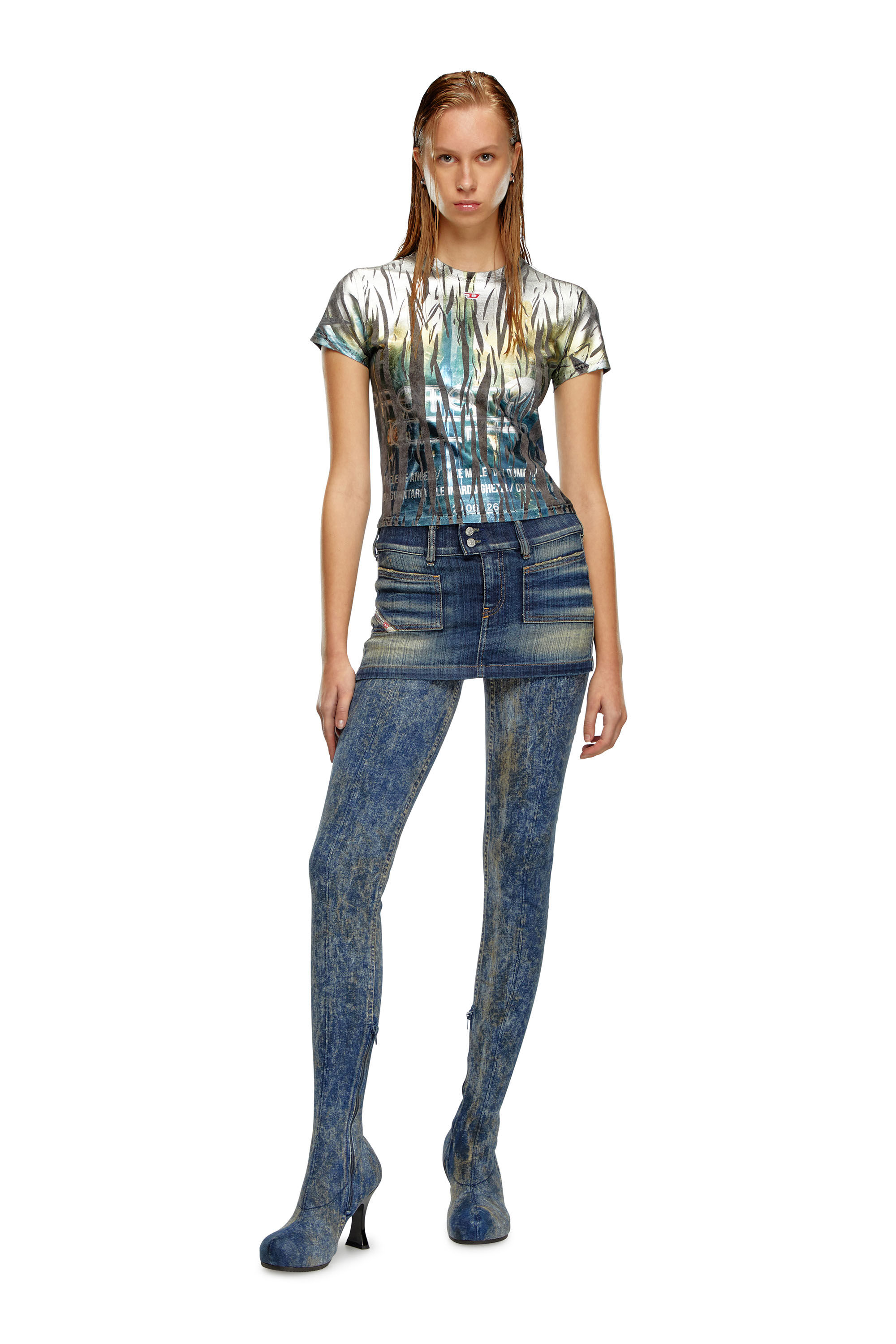 Diesel - T-UNCUTIE-LONG-FOIL, Woman T-shirt with creased foil treatment in Multicolor - Image 1