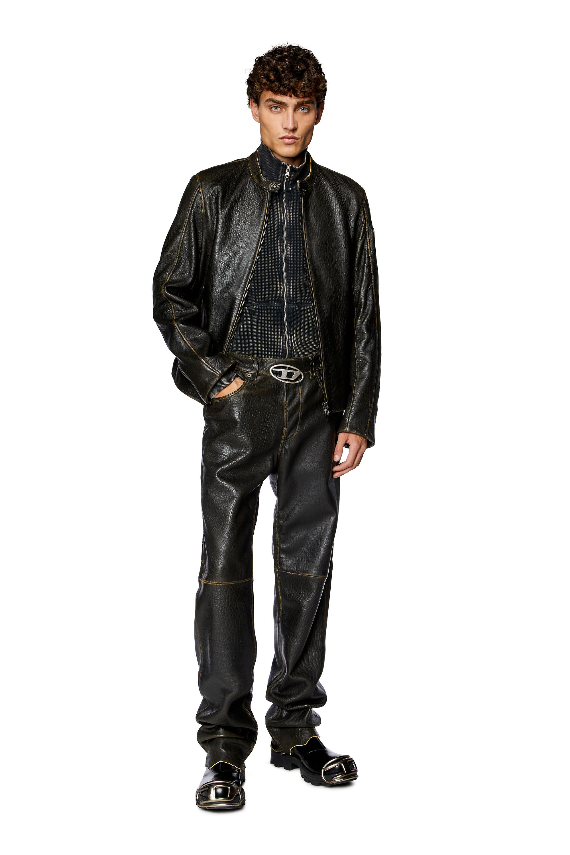 Men s Textured leather pants with logo cut out Brown Diesel