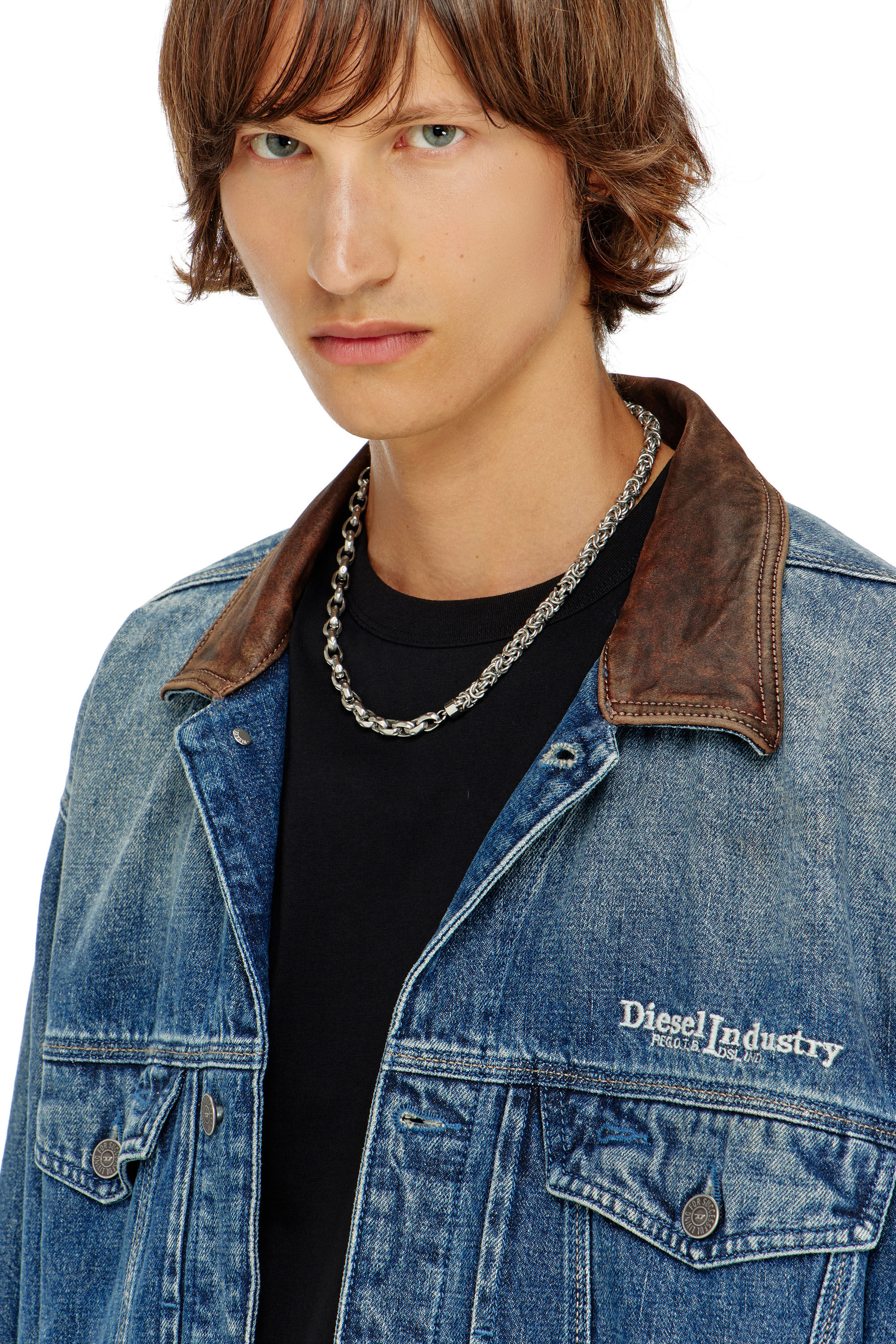 Diesel - D-DENVER-S1, Unisex's Denim trucker jacket with contrast leather trims in Blue - 5