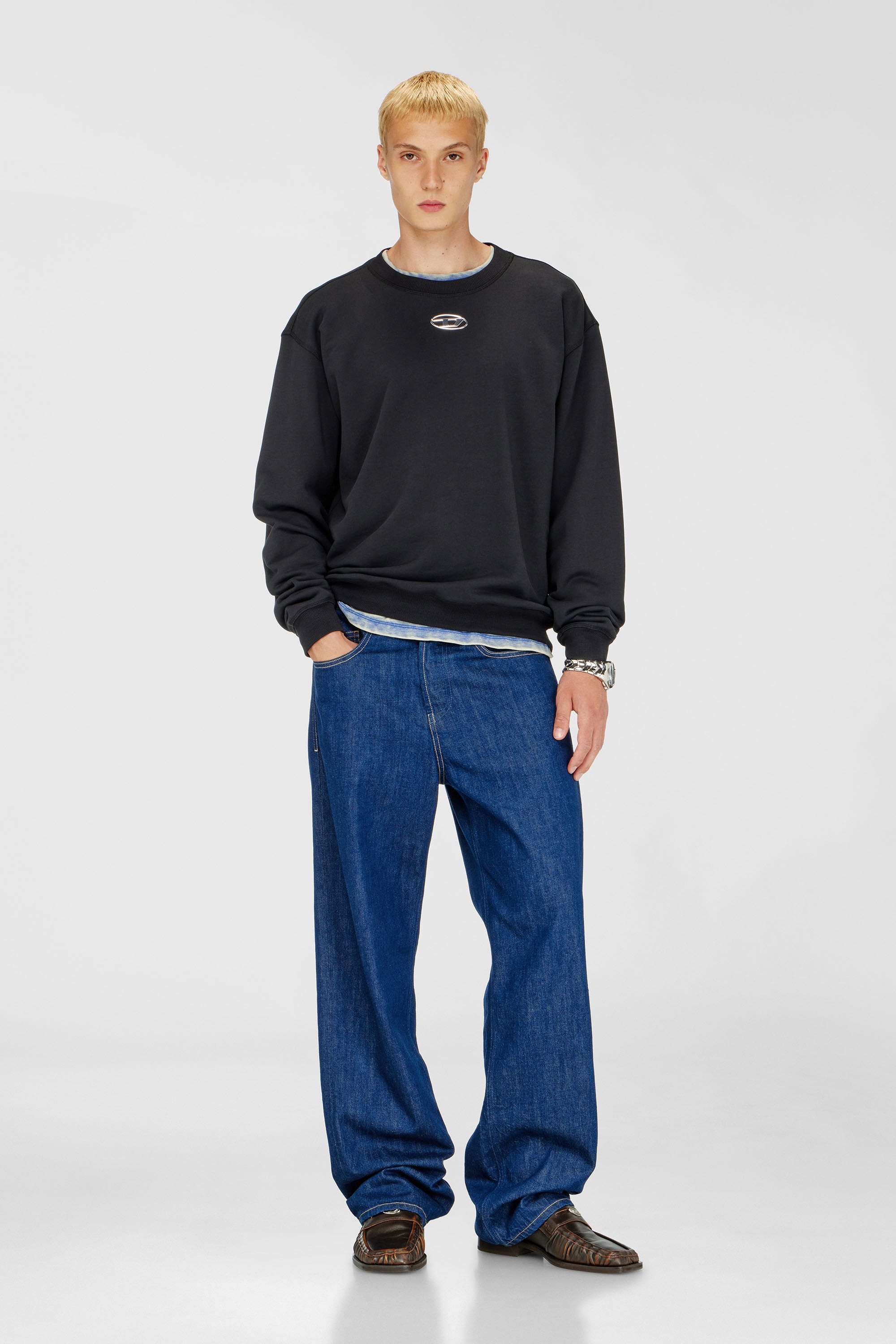 Diesel - S-NORM-IOD, Man's Regular sweatshirt with metallic Oval D in Black - 1