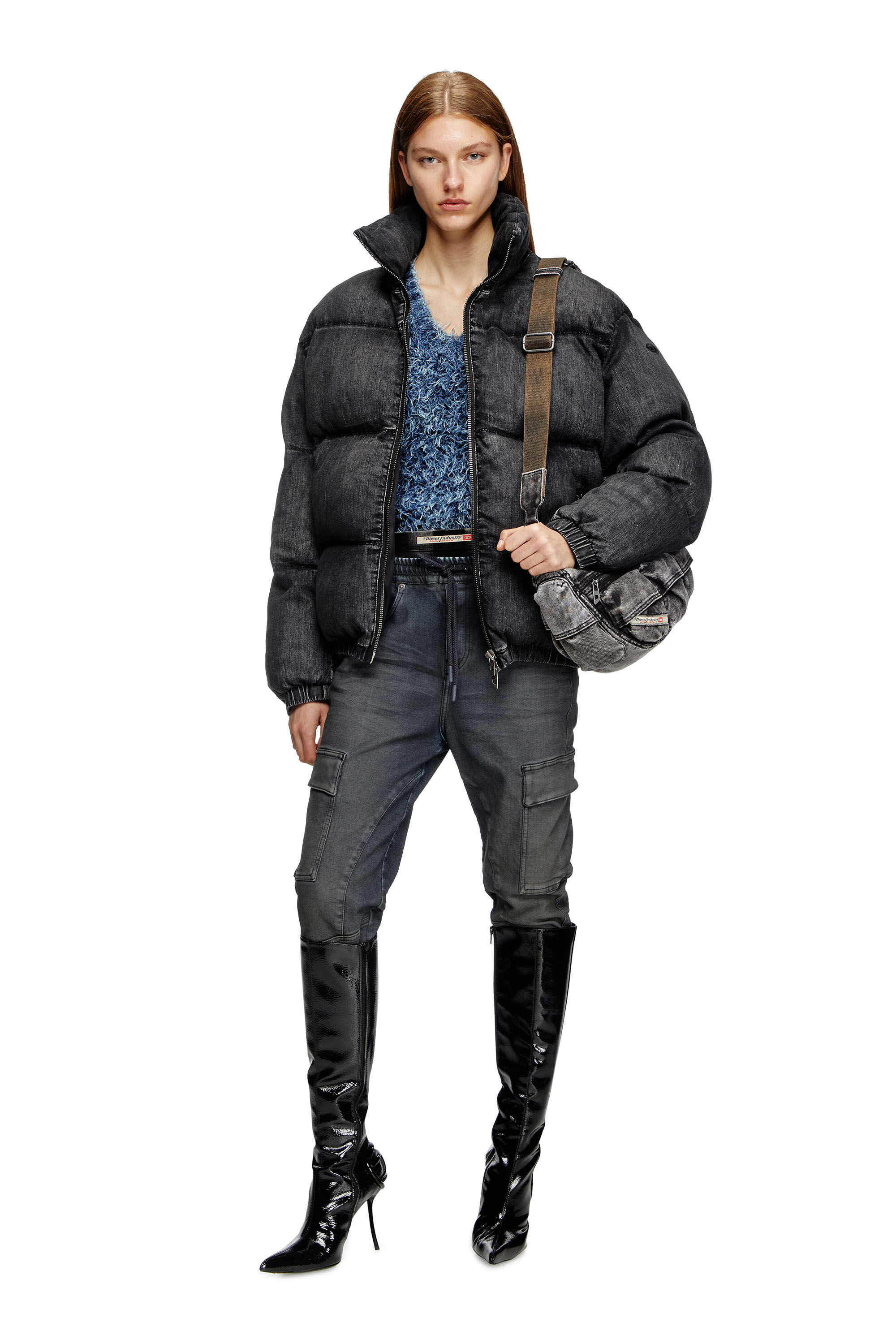 Women's Faded denim puffer jacket | Black | Diesel Women's Faded denim puffer jacket | Black | Diesel