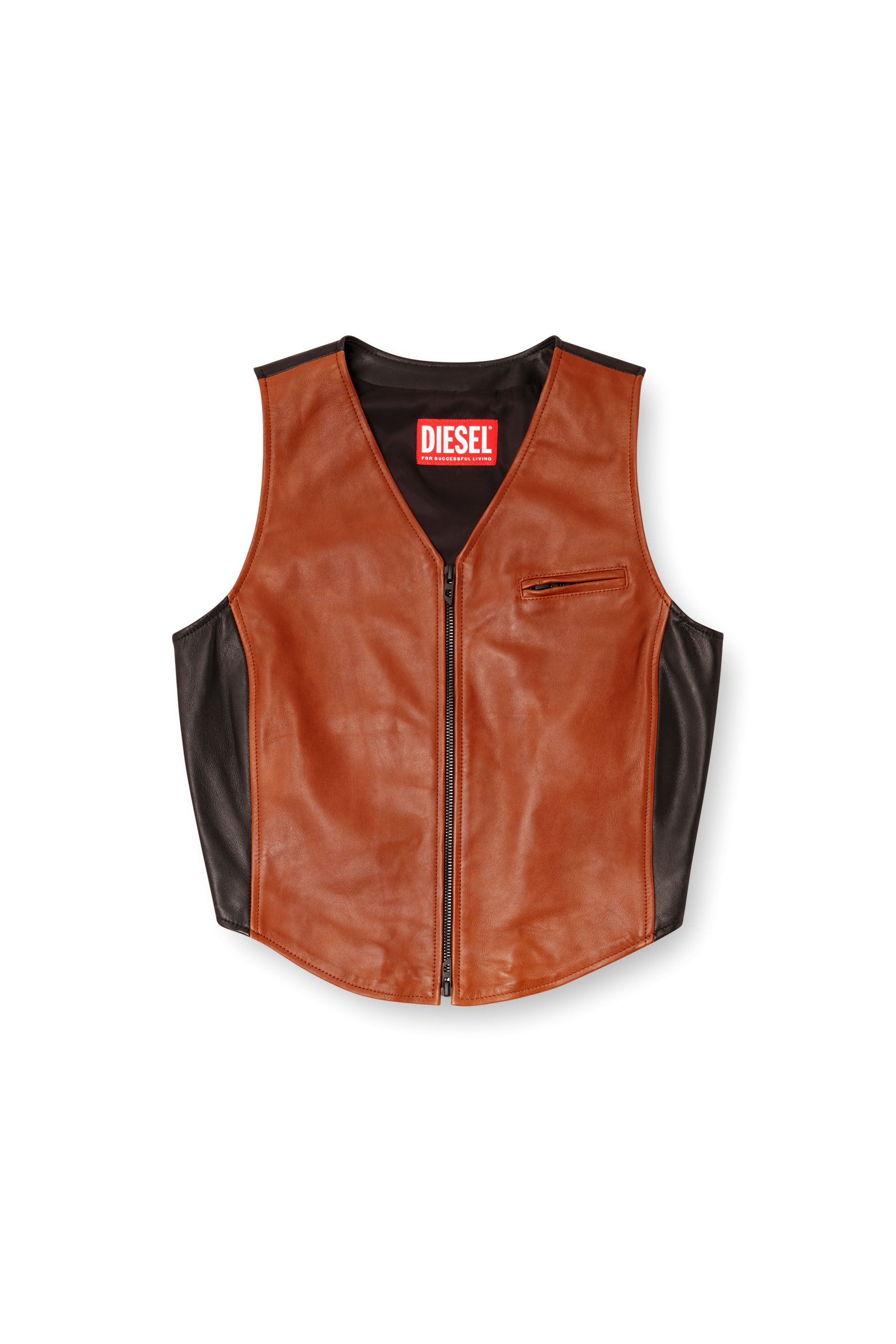 Diesel - L-USTRA, Woman's Cropped colour-block leather vest in Black/Brown - 2