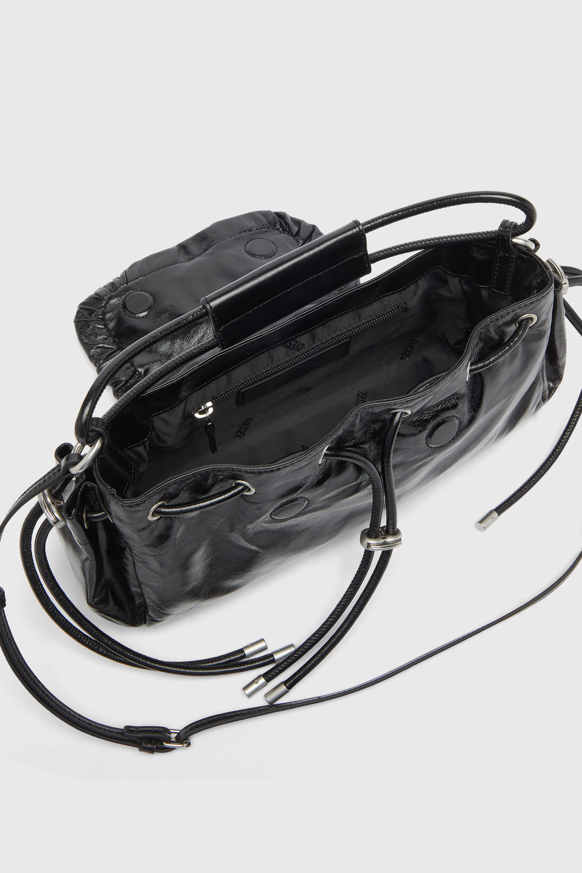Diesel - SCRUNCH-D TOP HANDLE, Woman's Scrunch-D - Top-handle bag in shiny wrinkled leather in Black - 4