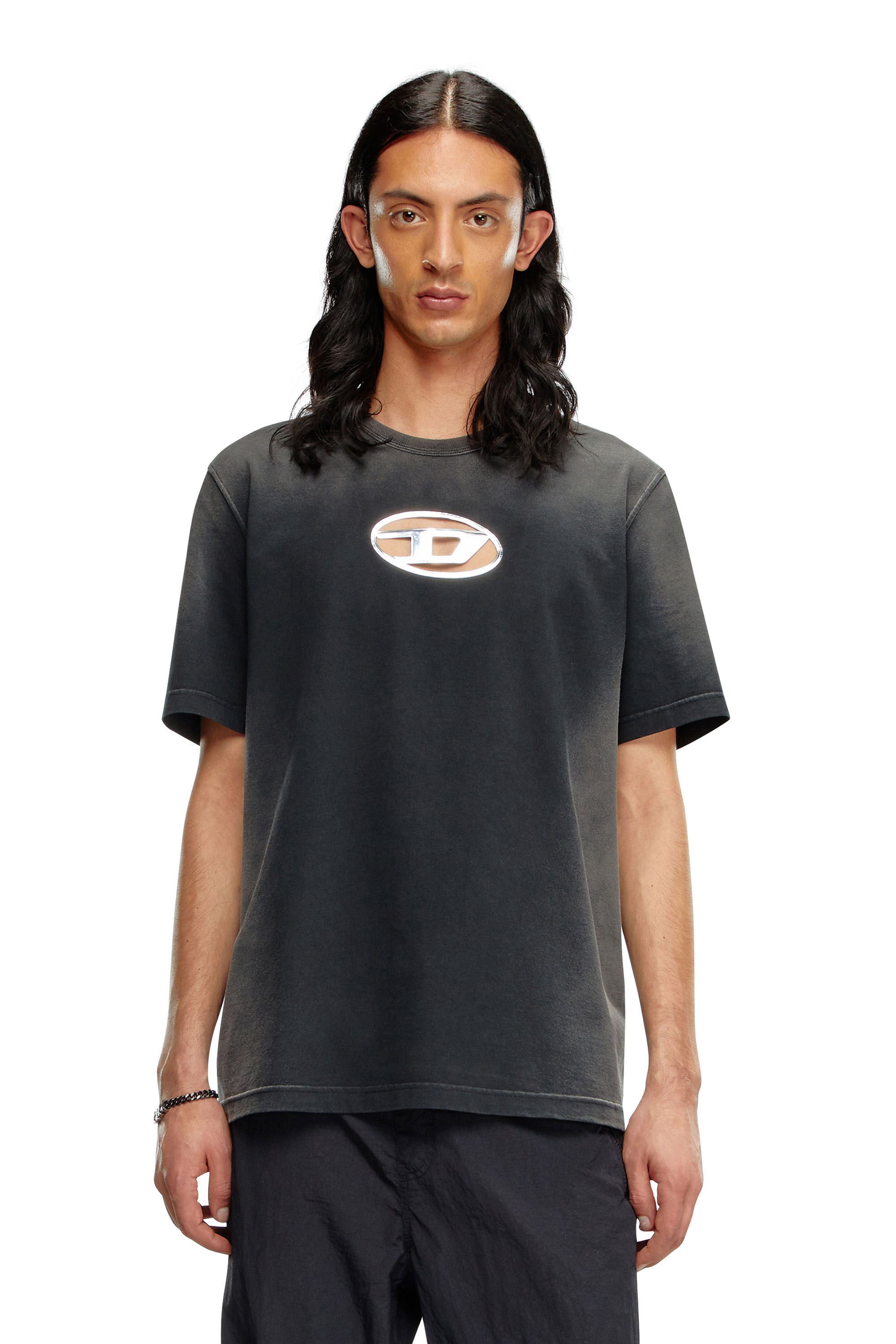 Men's Faded T-shirt with cut-out Oval D logo | Black | Diesel