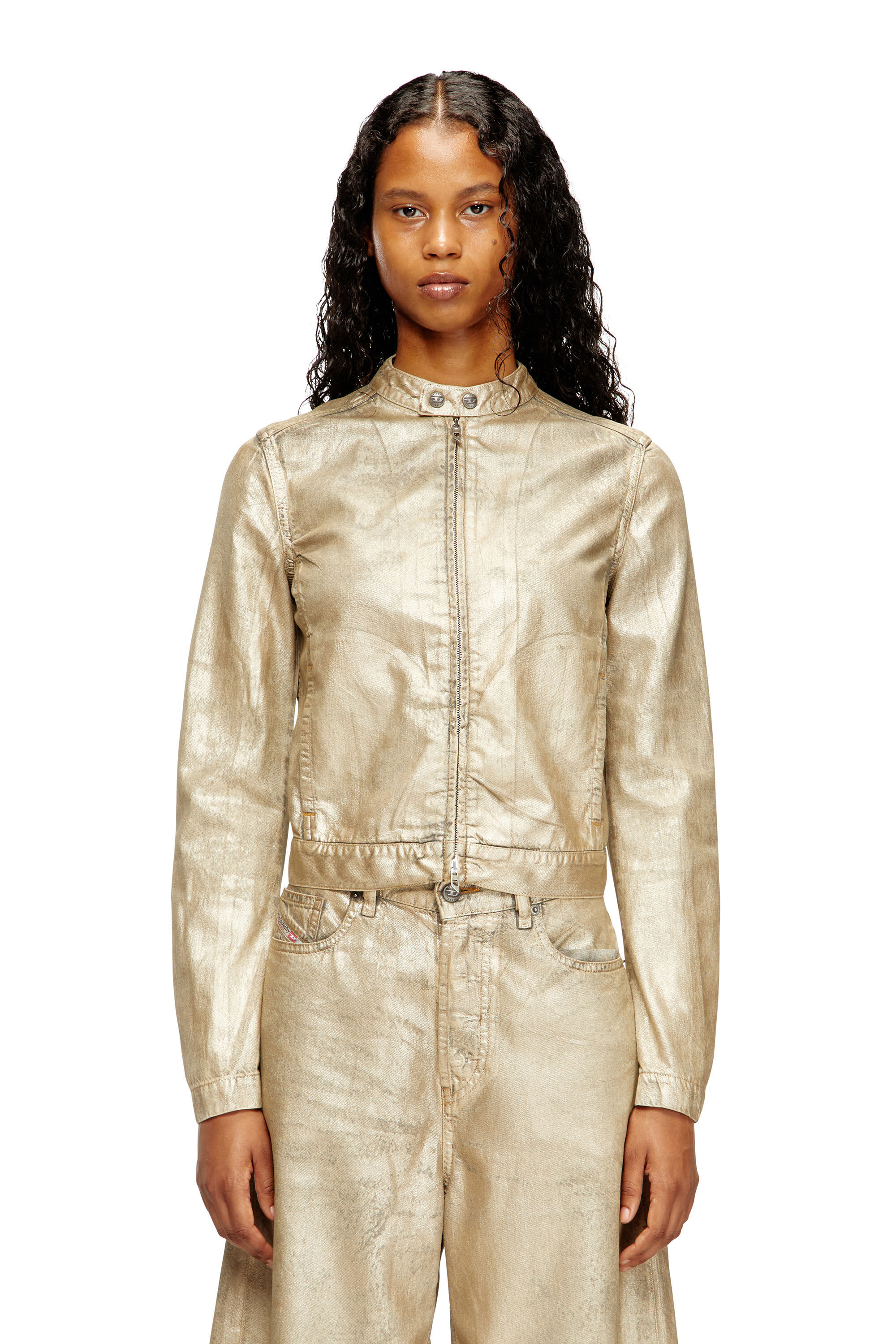 Diesel - DE-MORNIN-KG, Woman's Moto jacket in distressed metallic denim in Gold - 3
