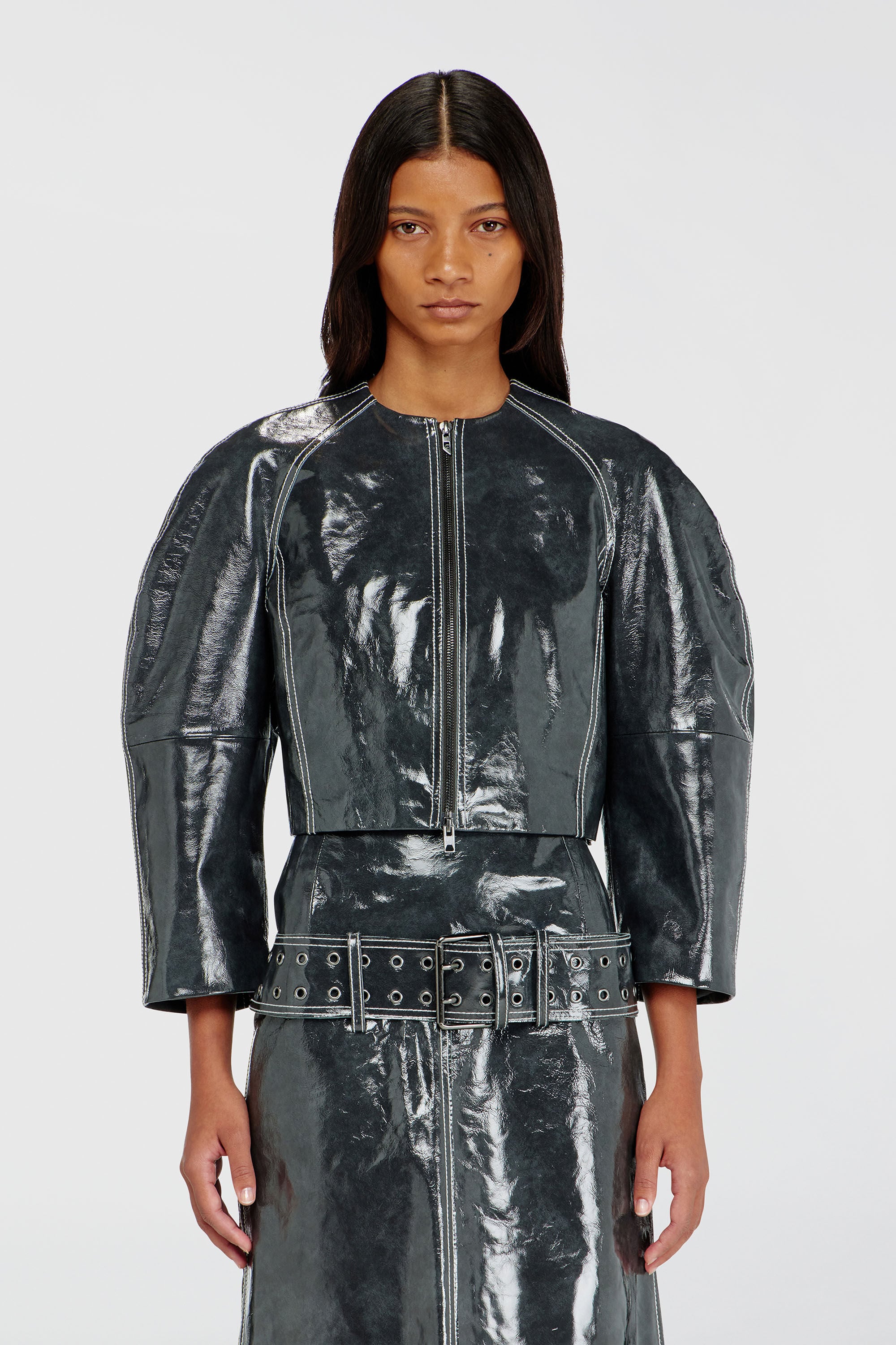 Diesel - L-ANDON, Woman's Patent-leather jacket with cocoon sleeves in Dark grey - 3