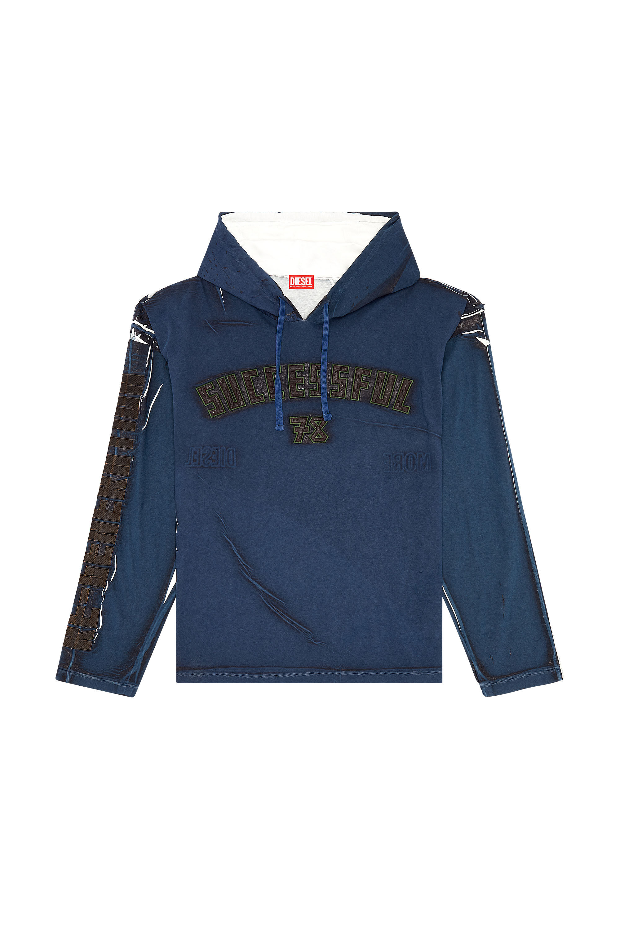 Diesel - T-NABEL-HOOD-LS, Man's Printed hooded top with logo appliqués in Dark Blue - 2