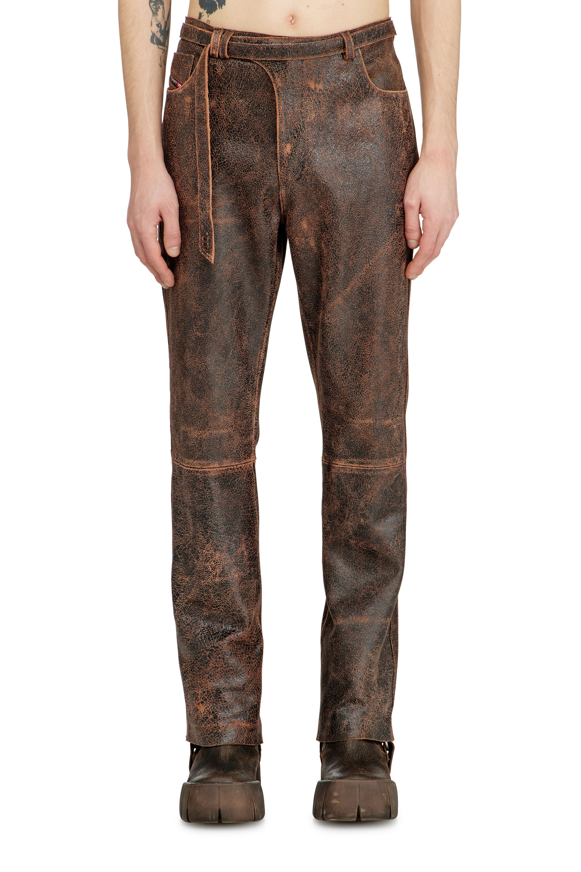 Diesel - P-NURI, Man's Cracked-leather pants with biker strap detail in null - 3