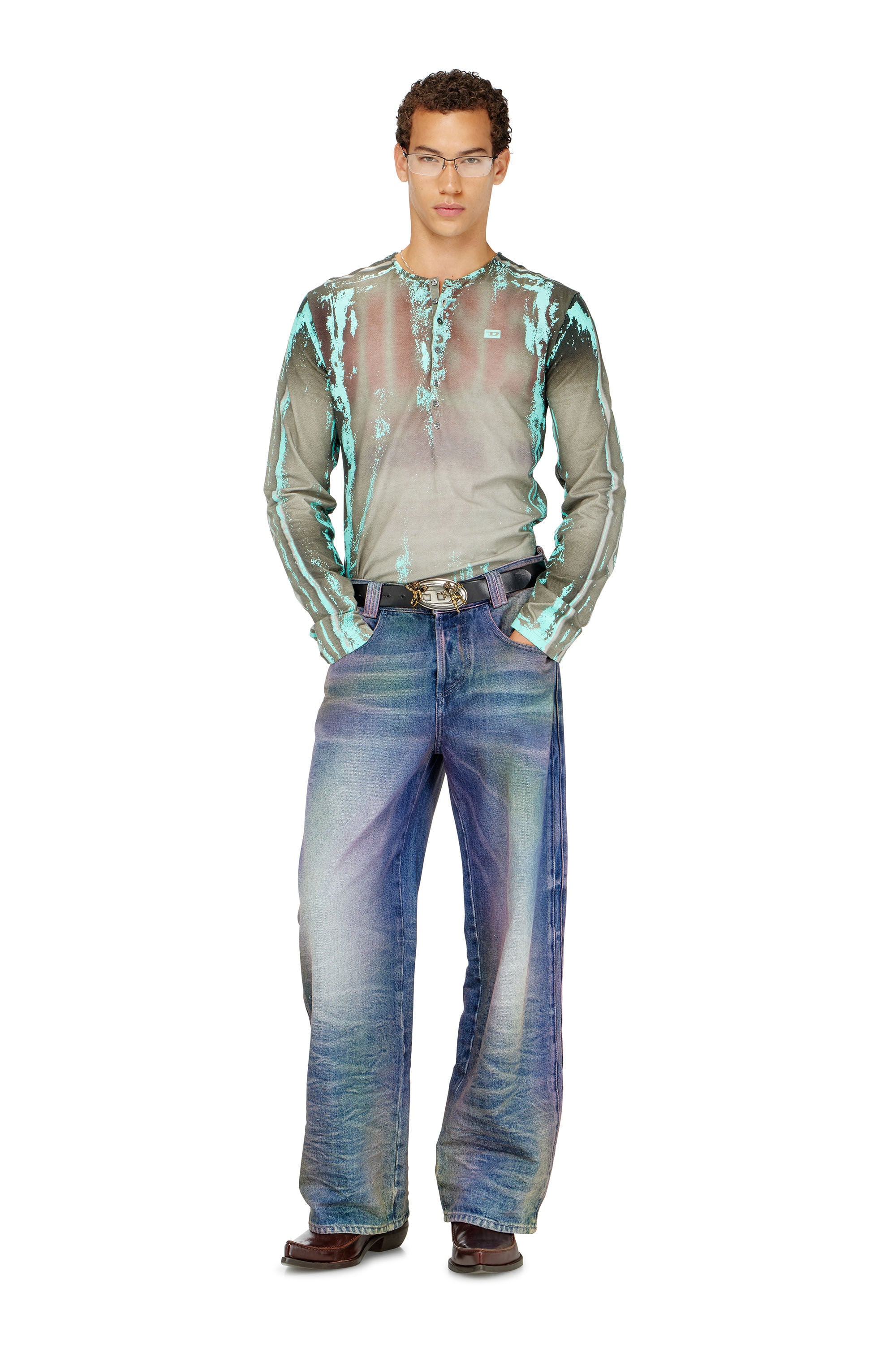 Diesel - T-FYNO-ML, Man's Grandad T-shirt in cracked leather-effect jersey in null - 1