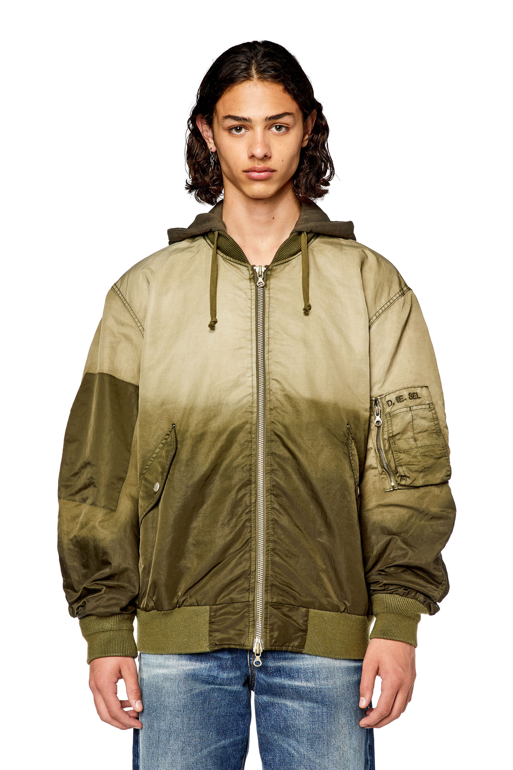 Diesel - J-COMMON, Man's Hooded bomber in treated nylon satin in Light Brown - 5
