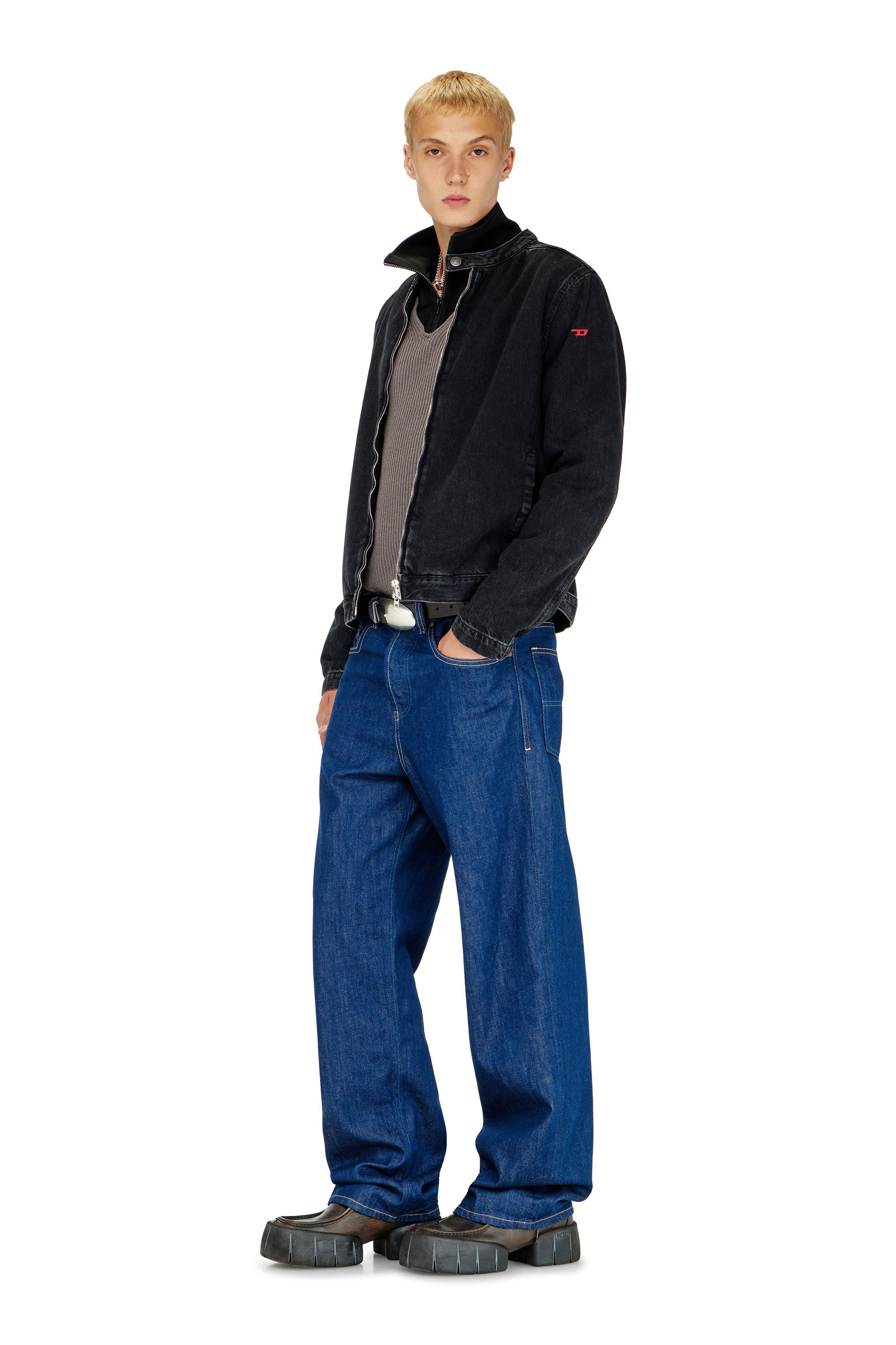 Diesel - D-GLORY, Man's Moto jacket in clean-wash denim in Black - 1