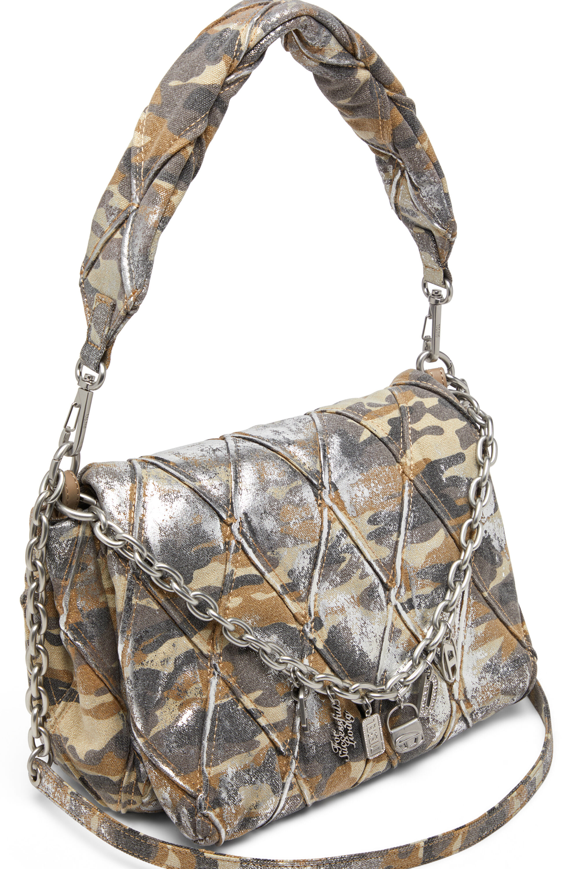 Diesel - CHARM-D SHOULDER M, Woman's Charm-D M-Shoulder bag in metallic camo canvas in Multicolor/Brown - 2