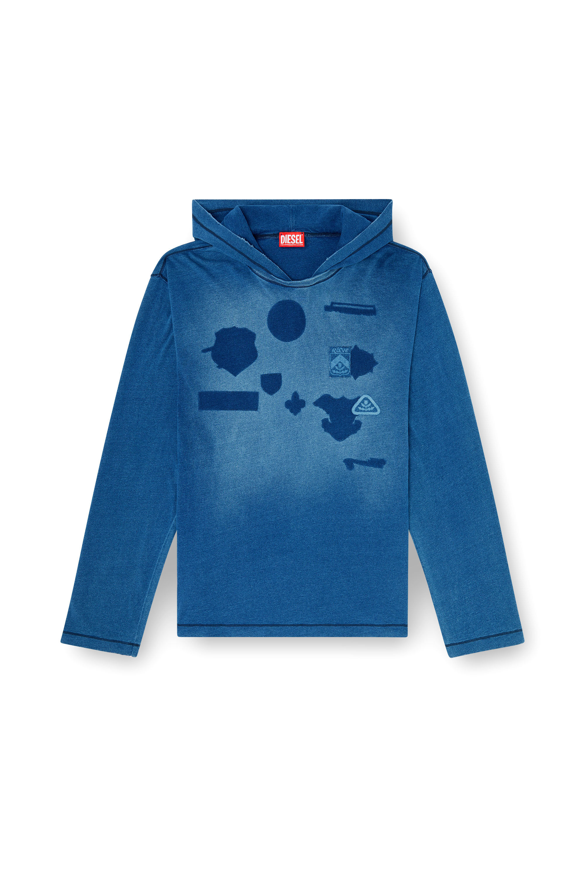 Diesel - T-NOX-LS-HOOD, Man's Hooded long-sleeve T-shirt with shadow-effect patches in Medium blue - 2