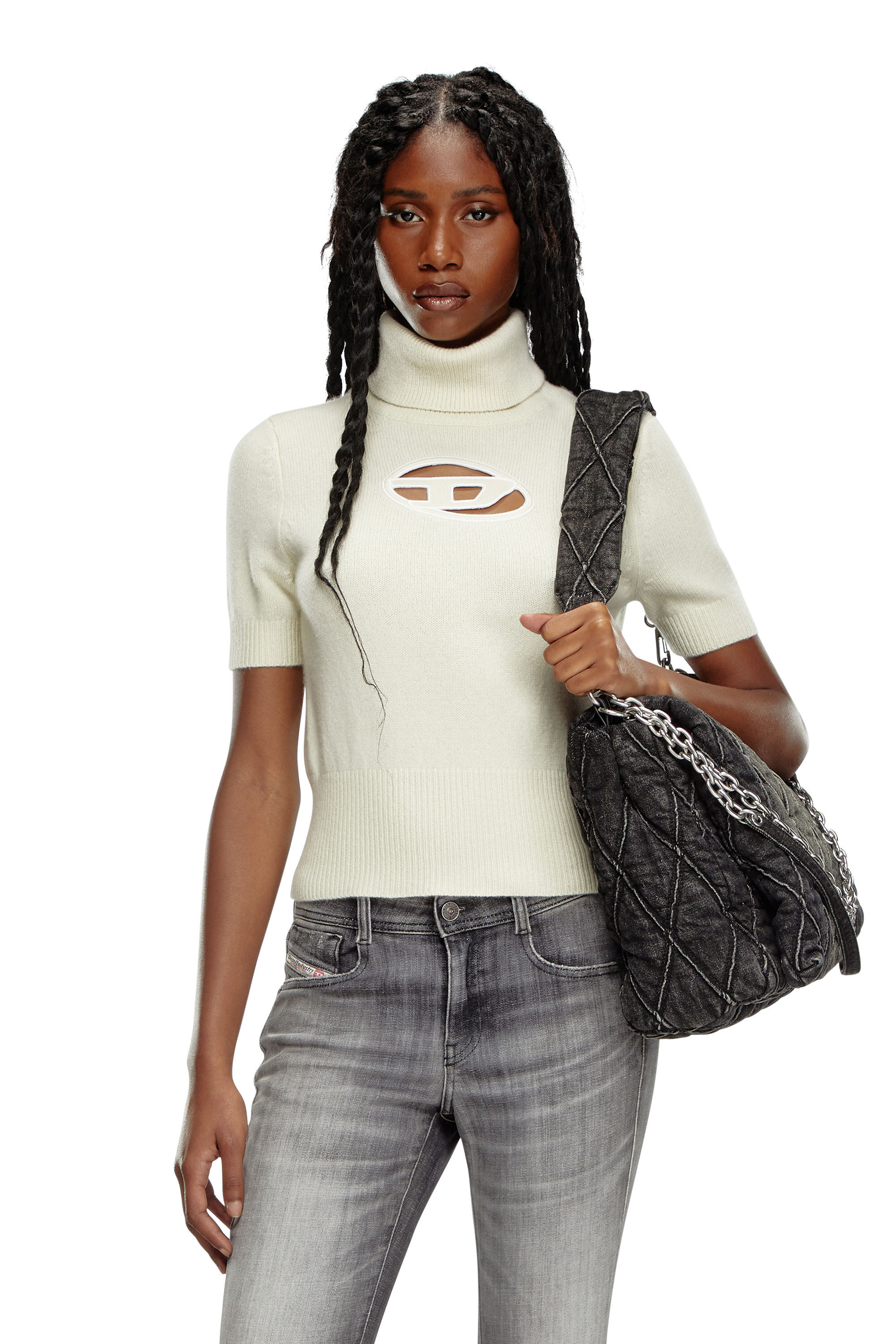 Diesel - M-ARGARET, Woman Short-sleeve jumper with cut-out logo in White - Image 3