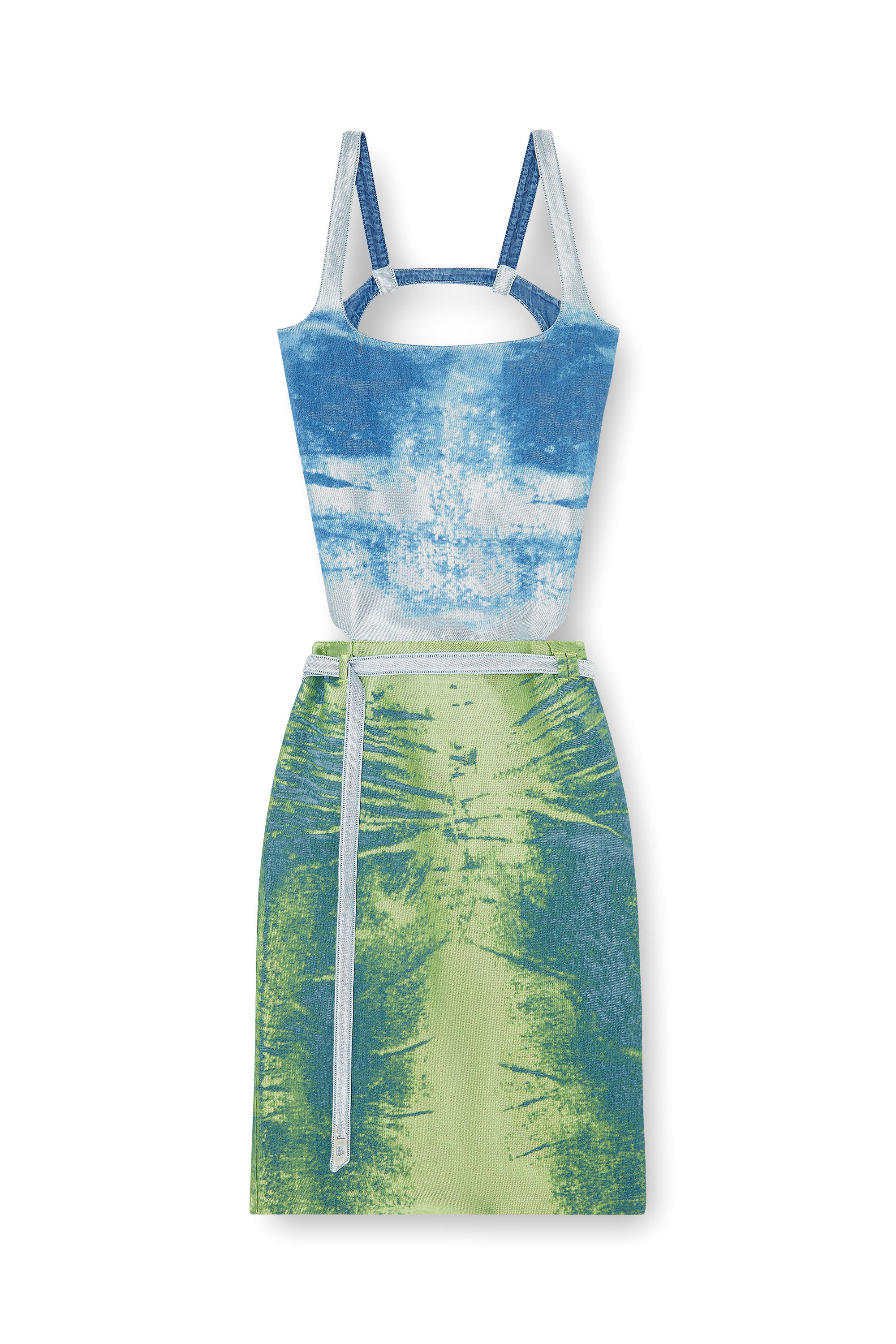 Diesel - DE-SANAT-FSI, Woman's Open-back apron dress in coloured satin denim in Blue/Green - 2