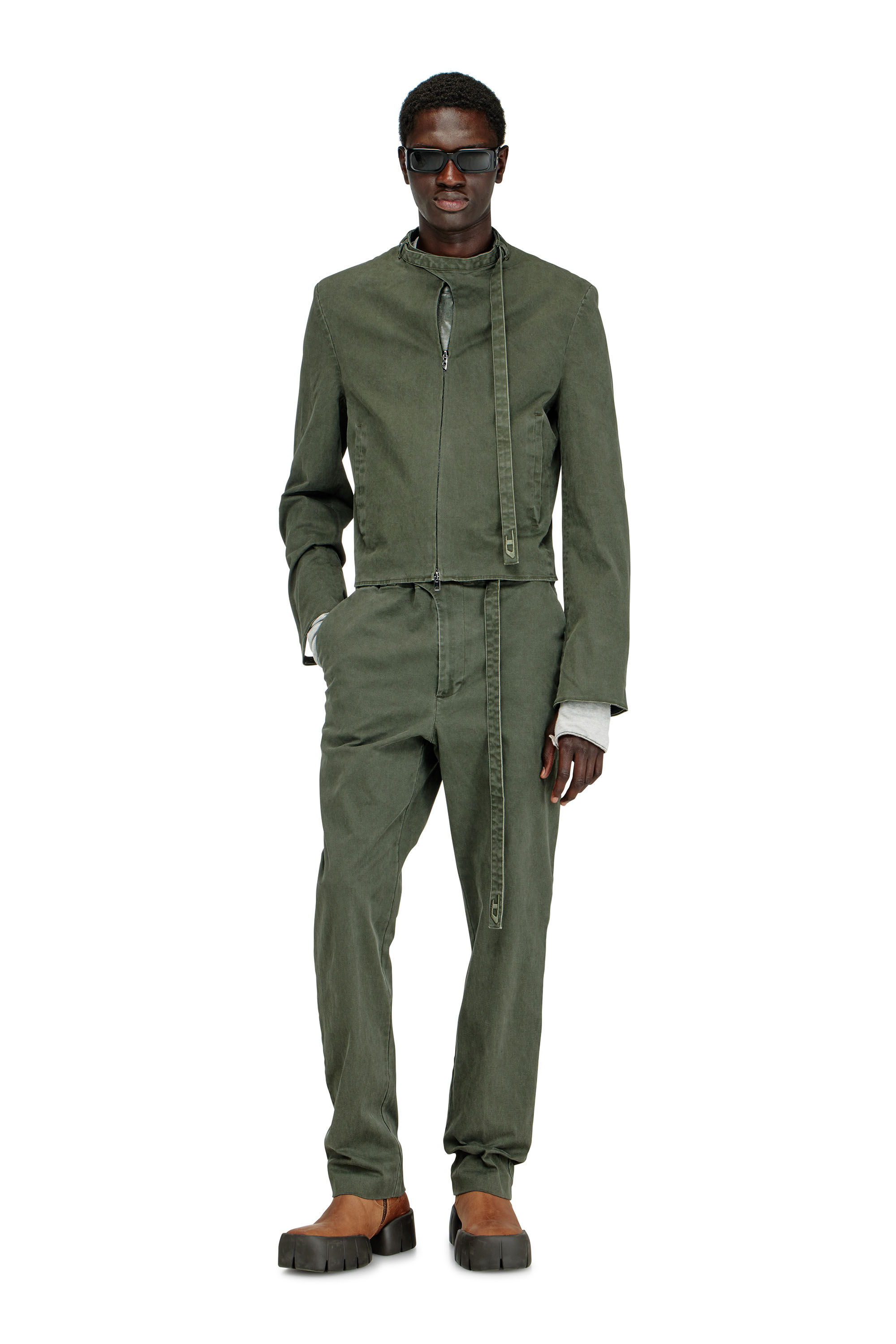 Diesel - J-NURIEL-CO, Man's Coated cotton-twill jacket with biker details in Green - 1
