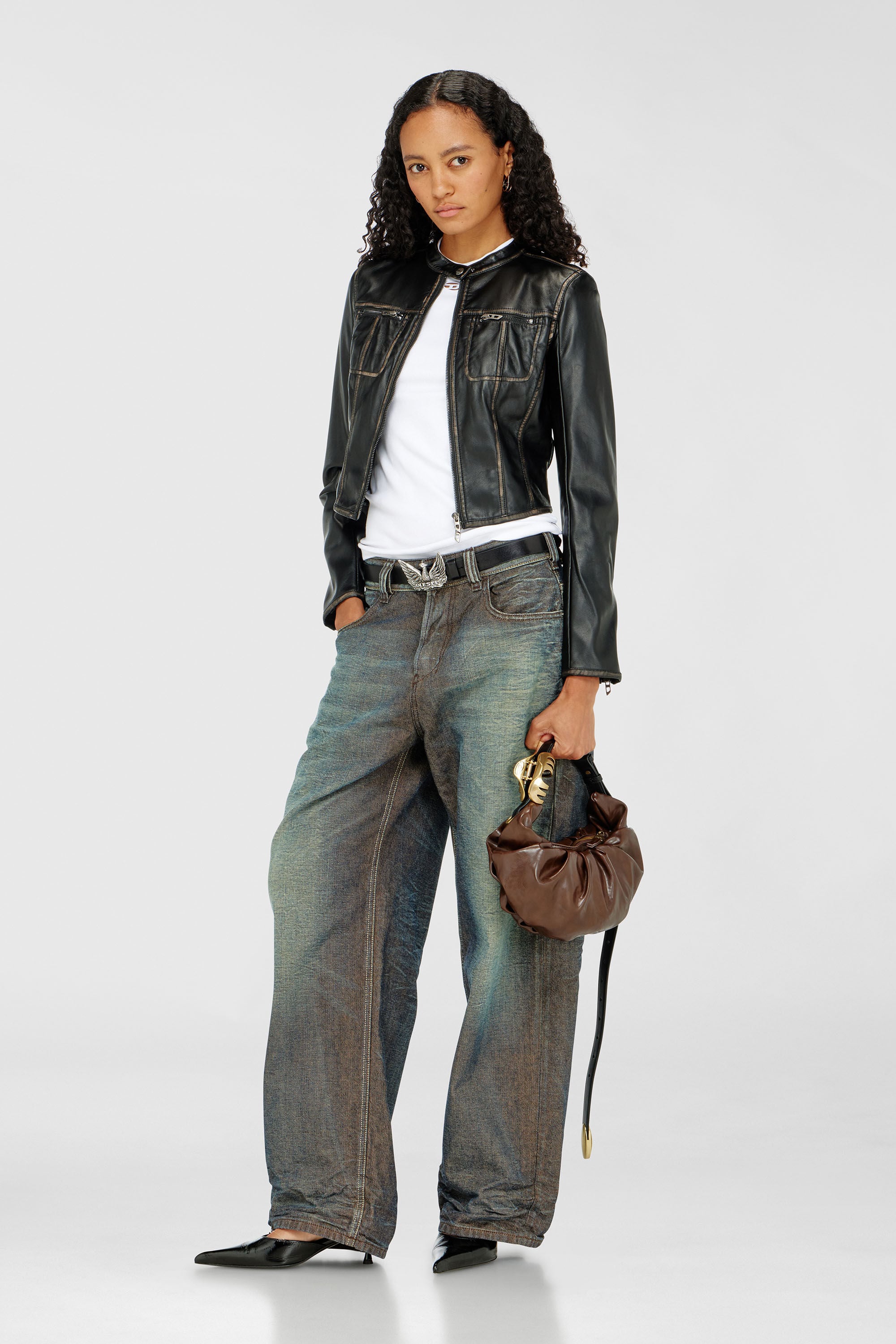 Diesel - G-LOBE, Woman's Cropped distressed biker jacket in Black - 1