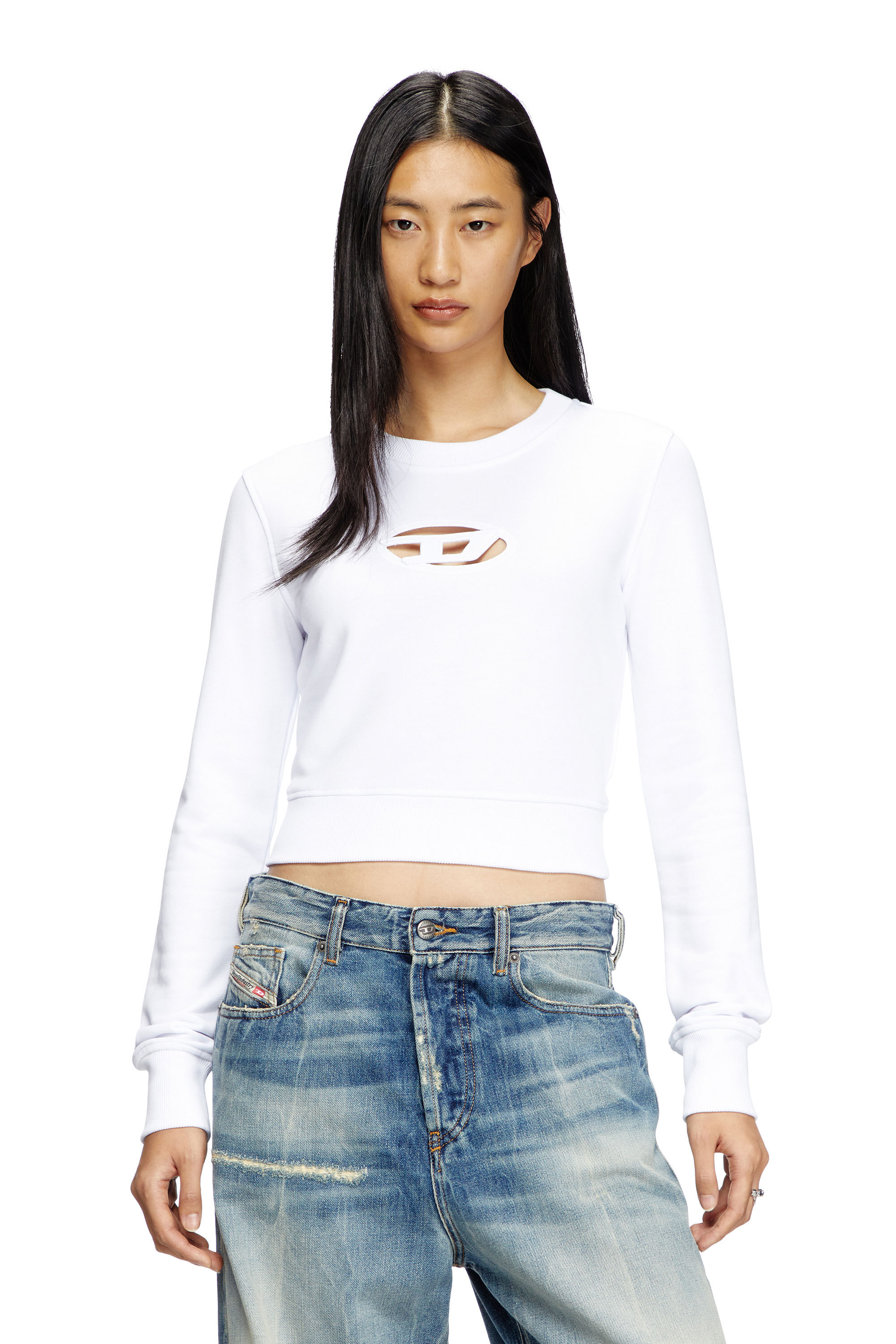Diesel - F-SLIMMY-OD, Woman's Cropped sweatshirt with cut-out logo in White - 3