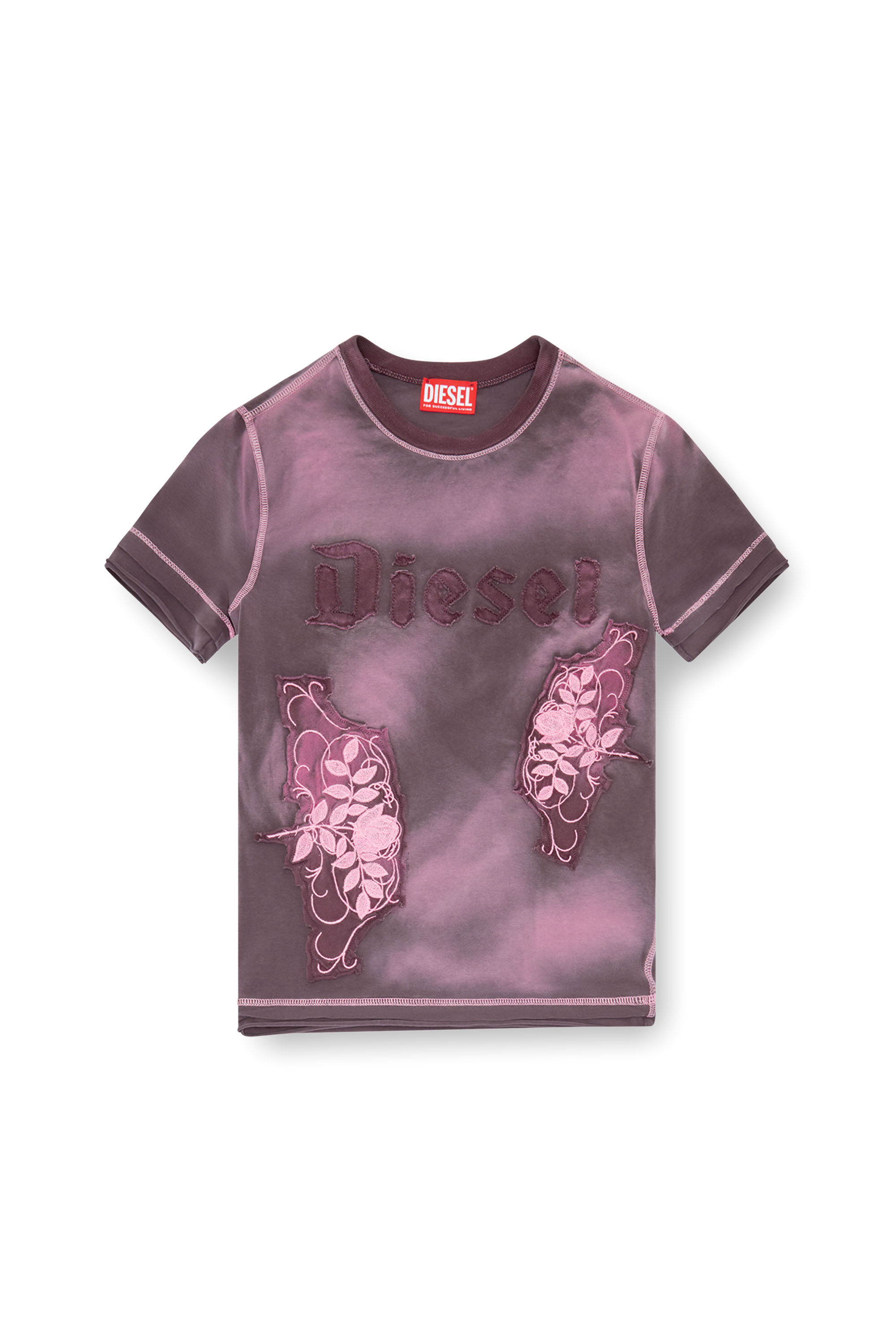 Diesel - T-UNCUT, Woman T-shirt with embroidered floral patches in Violet - Image 2
