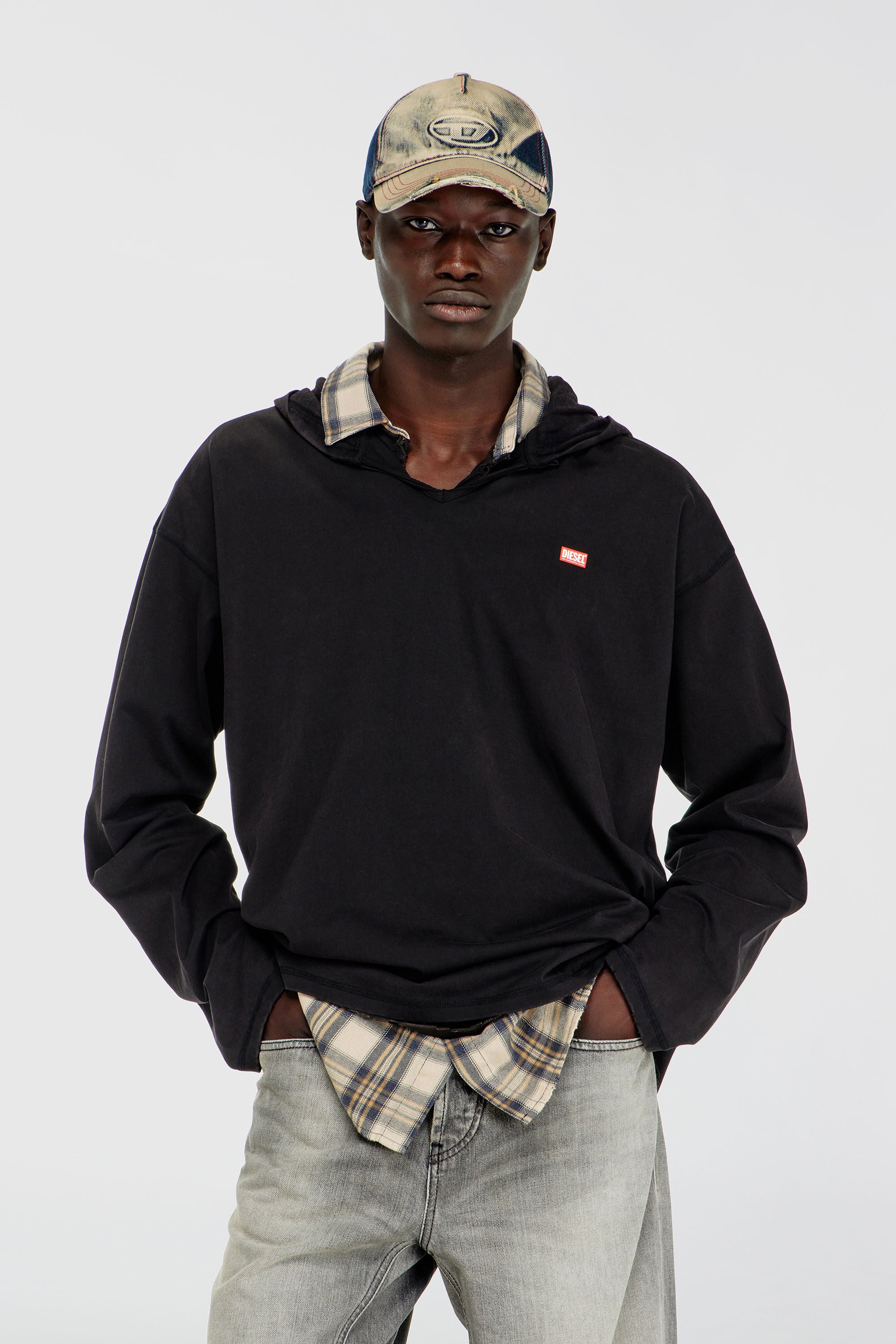 Diesel - T-BOXT-LS-HOOD-CHECK, Man's Long-sleeve T-shirt with flannel hood in Black - 3