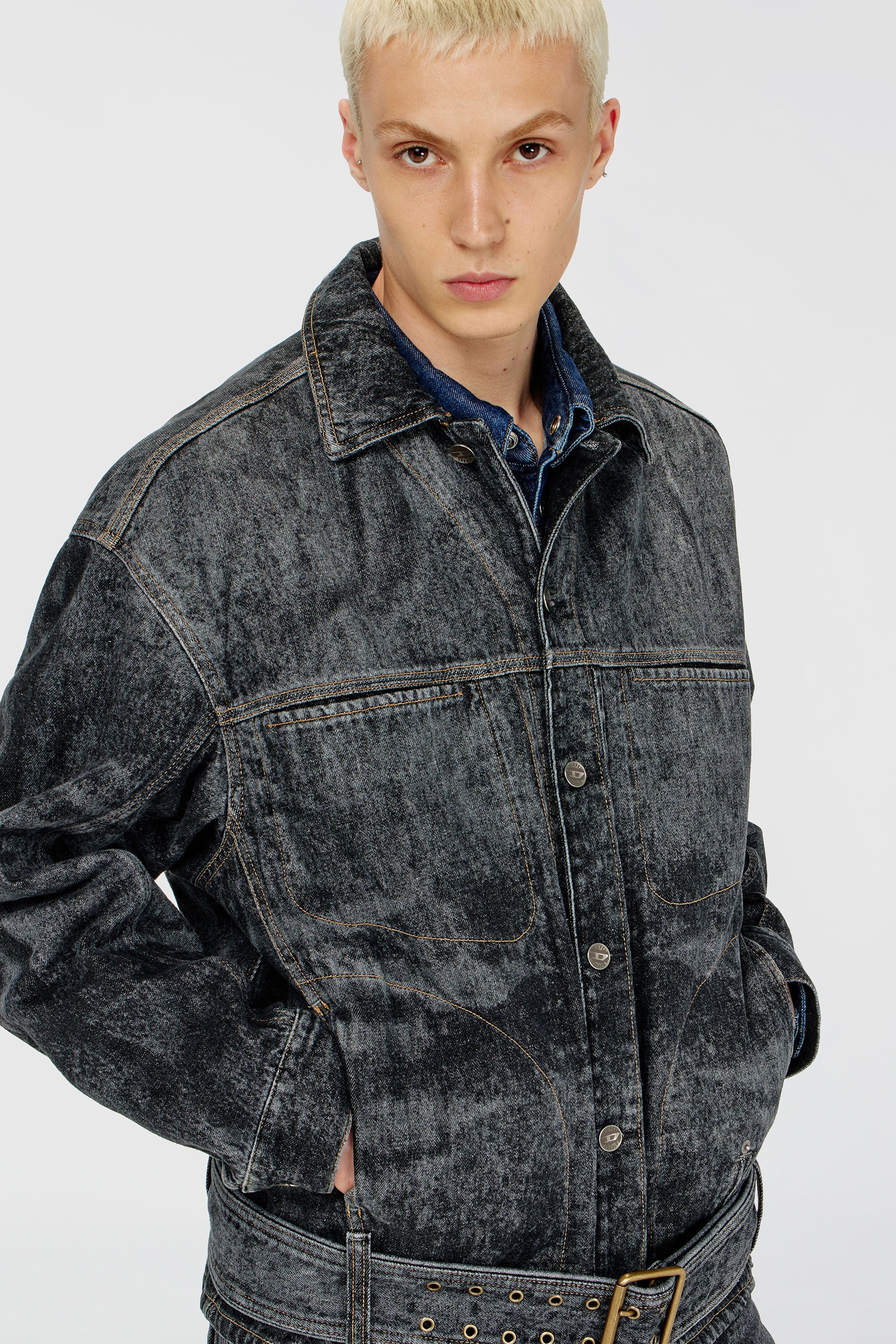 Diesel - D-VALERO-S, Man's Biker-inspired denim jacket in Dark grey - 5