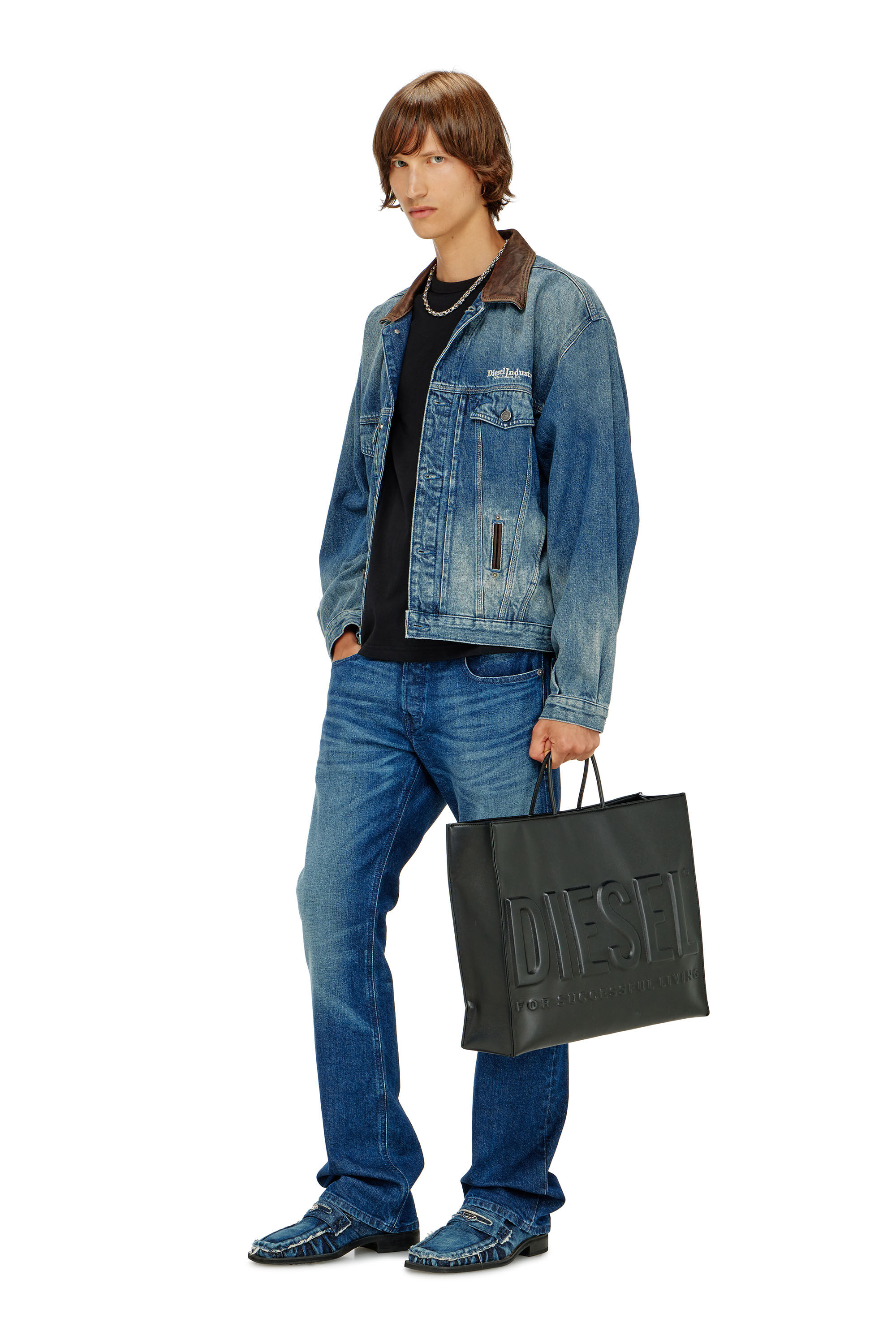 Diesel - D-DENVER-S1, Unisex's Denim trucker jacket with contrast leather trims in Blue - 1