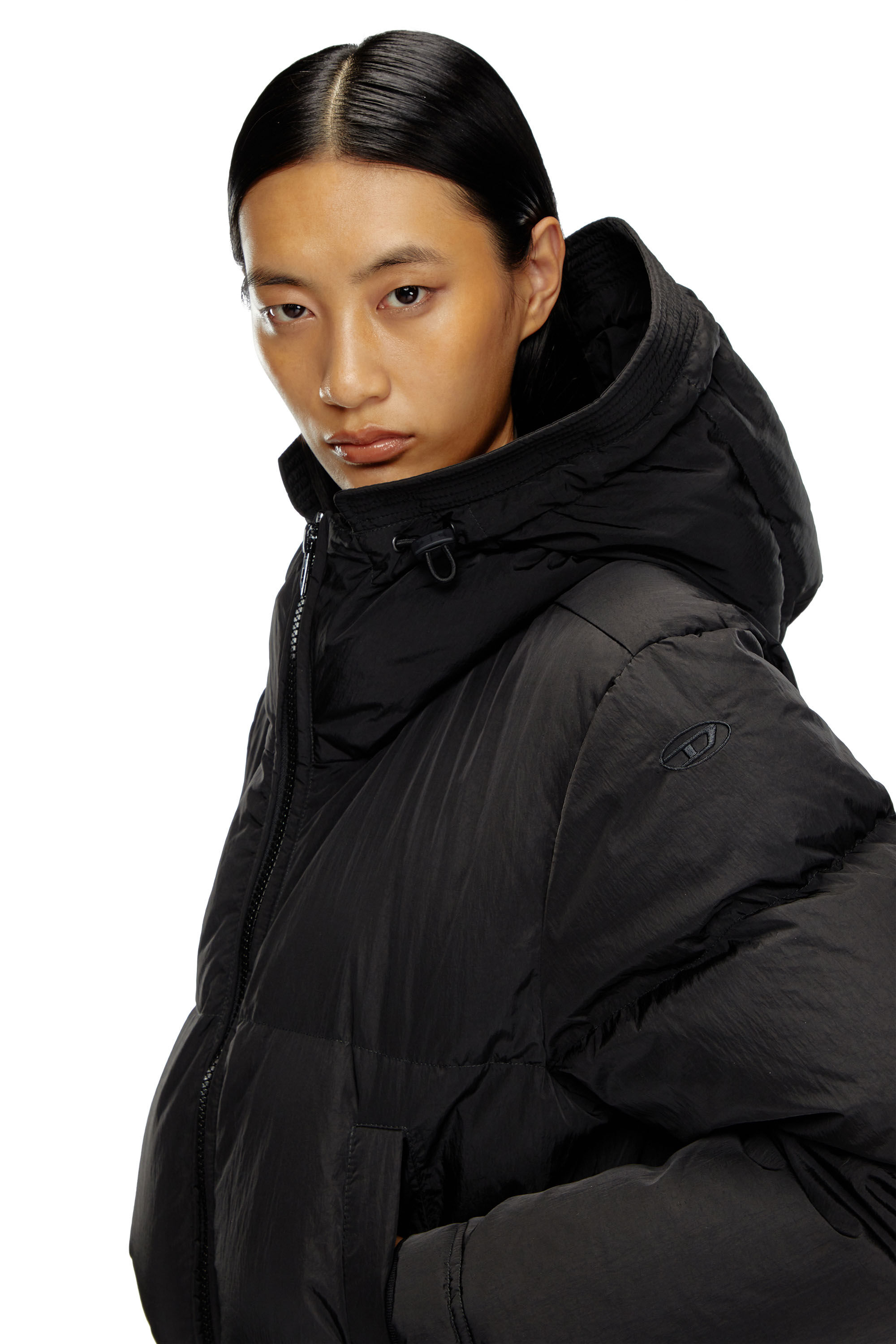 Women's Hooded down jacket in crinkled nylon | Black | Diesel
