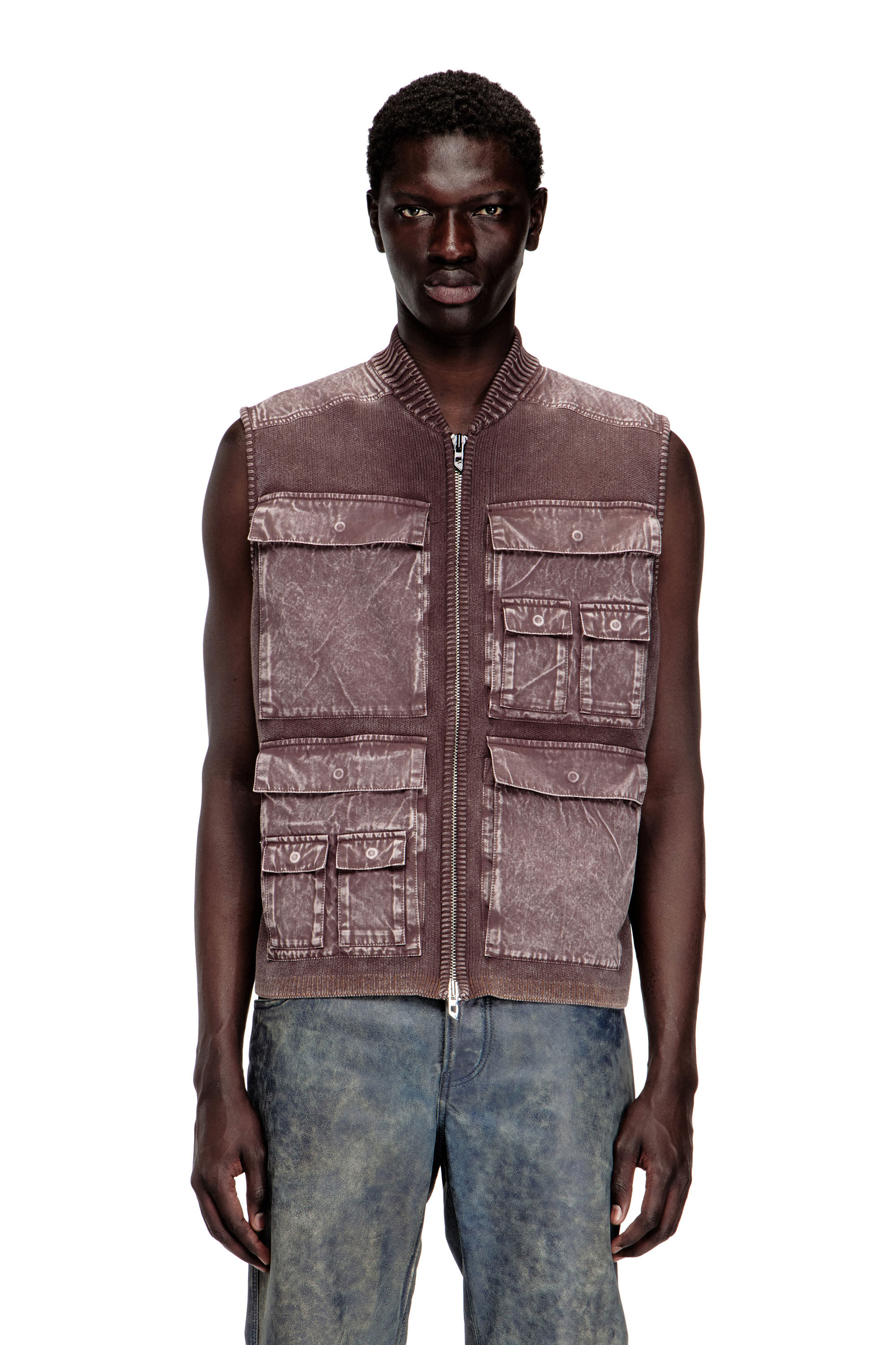 Diesel - K-GIULIUS, Man's Zip-up knitted vest with cargo pockets in Brown - 3