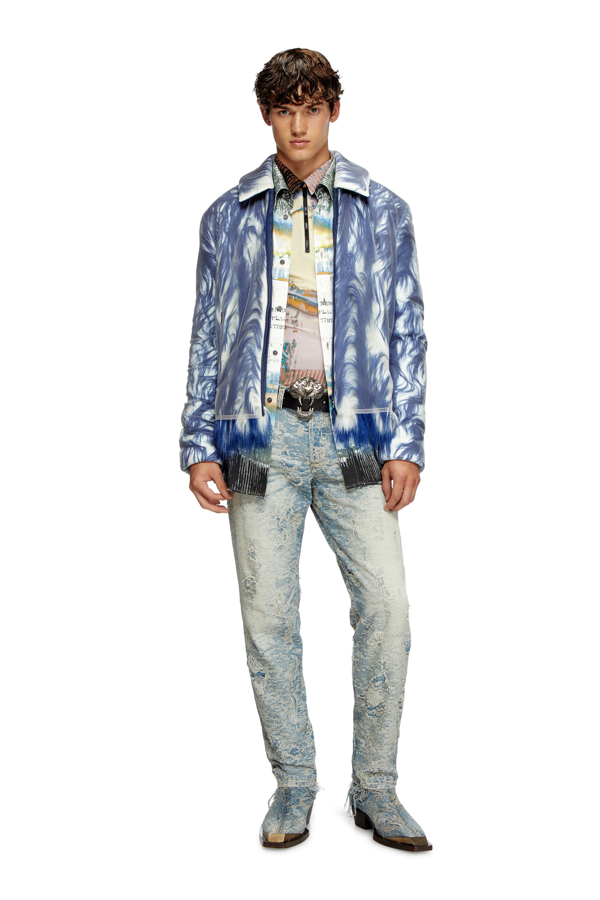 Diesel - W-WOUFY, Man's Fluffy jacket with sheer tulle overlay in Blue - 1