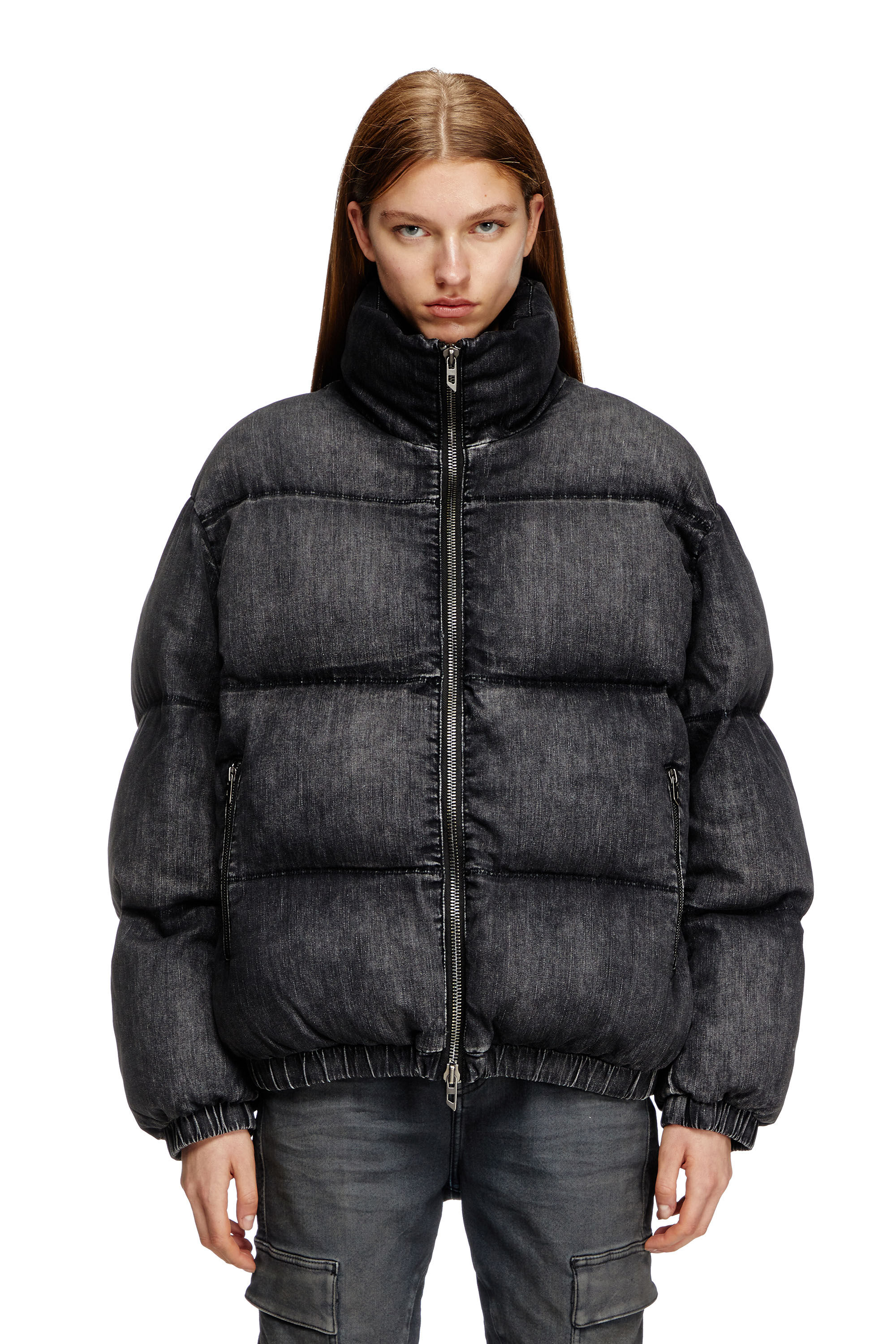 Women's Faded denim puffer jacket | Black | Diesel Women's Faded denim puffer jacket | Black | Diesel