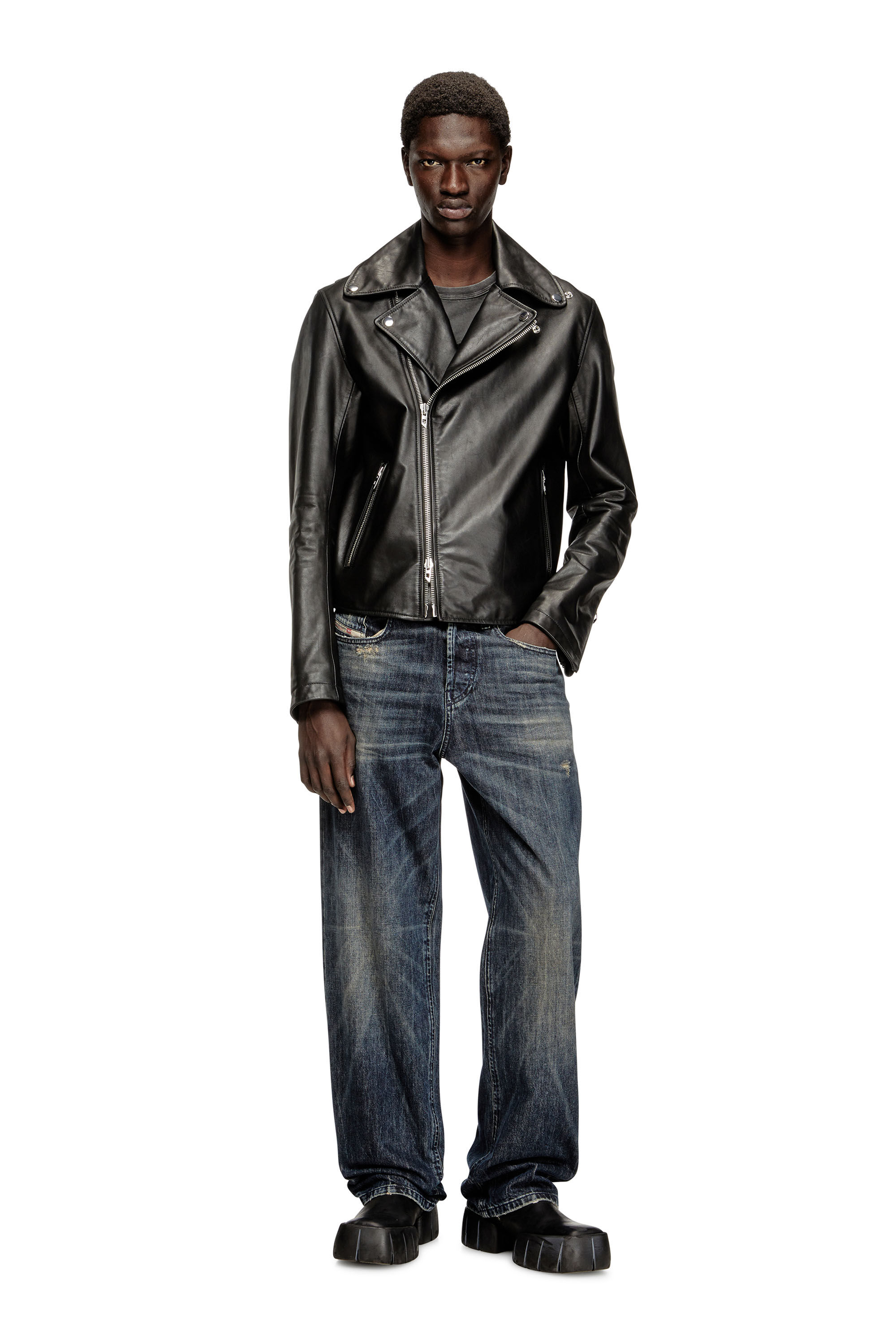 Men's Biker jacket in waxed leather | Black | Diesel AU