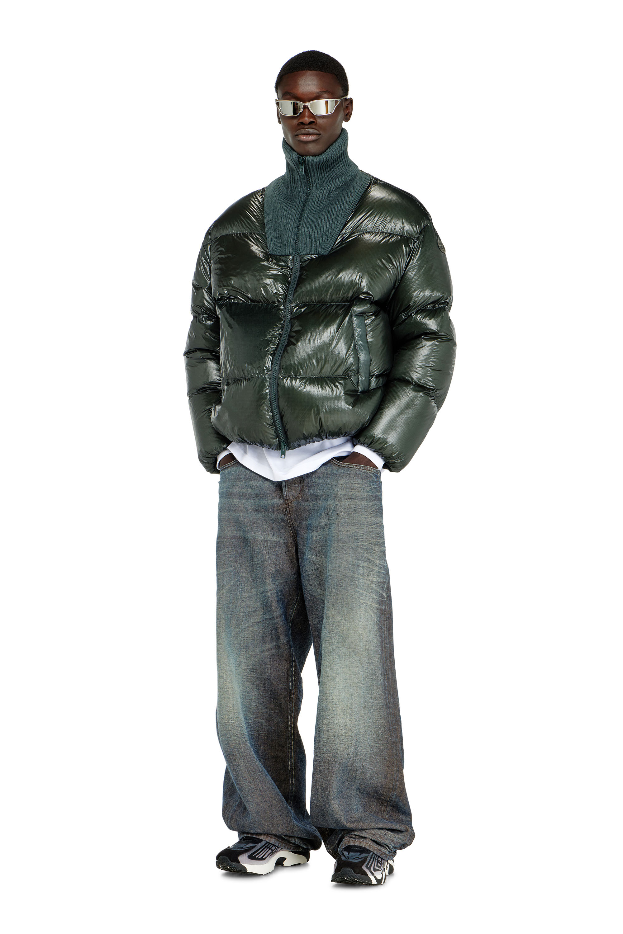Diesel - W-RIBB, Man's Down puffer jacket in ripstop with ribbed collar in Dark Green - 2
