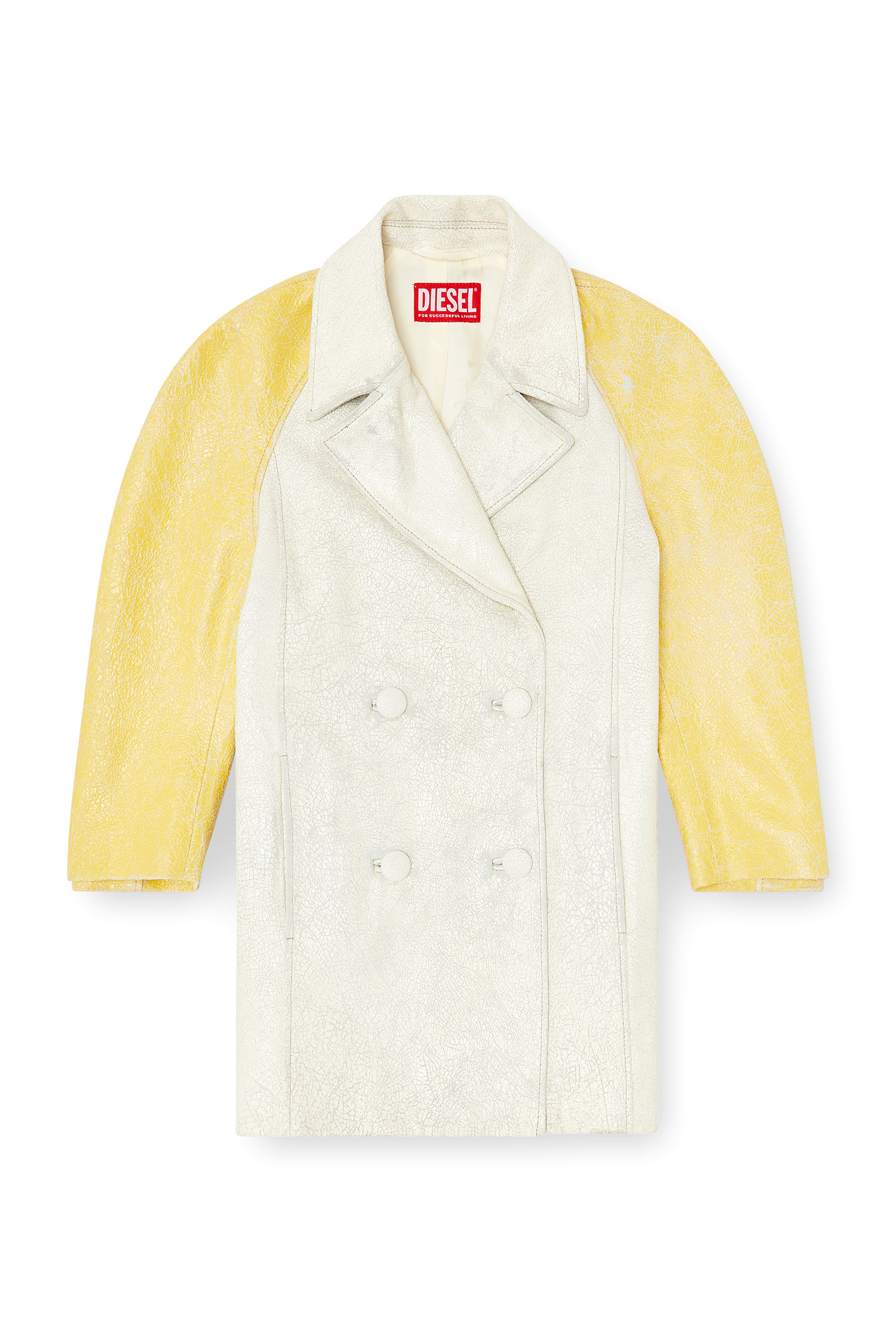 Diesel - L-UPIN, Woman's Cocoon-sleeve peacoat in cracked leather in White/Yellow - 3