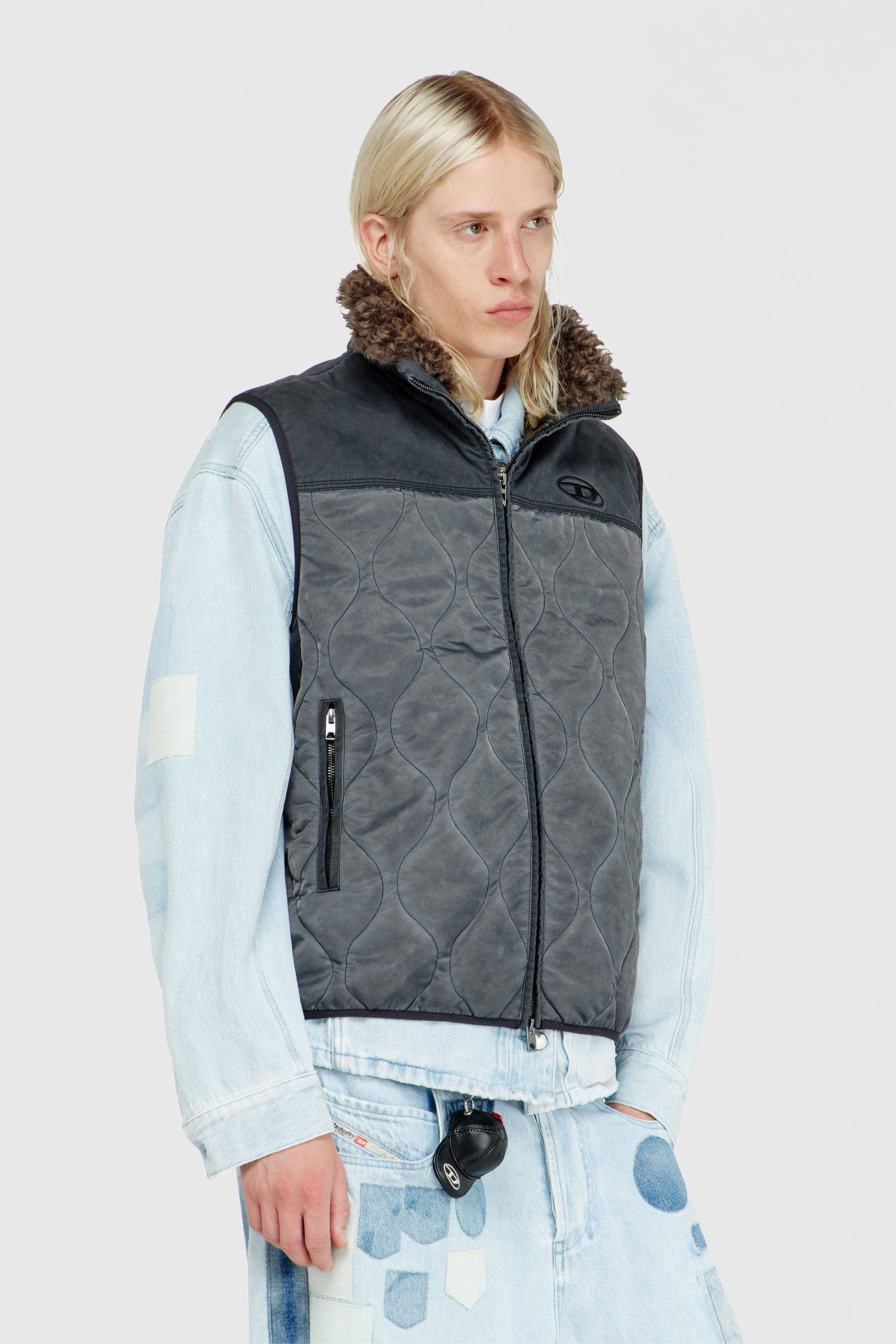 Diesel - J-ALVAR, Man's Quilted vest with fluffy neck lining in Dark grey - 3