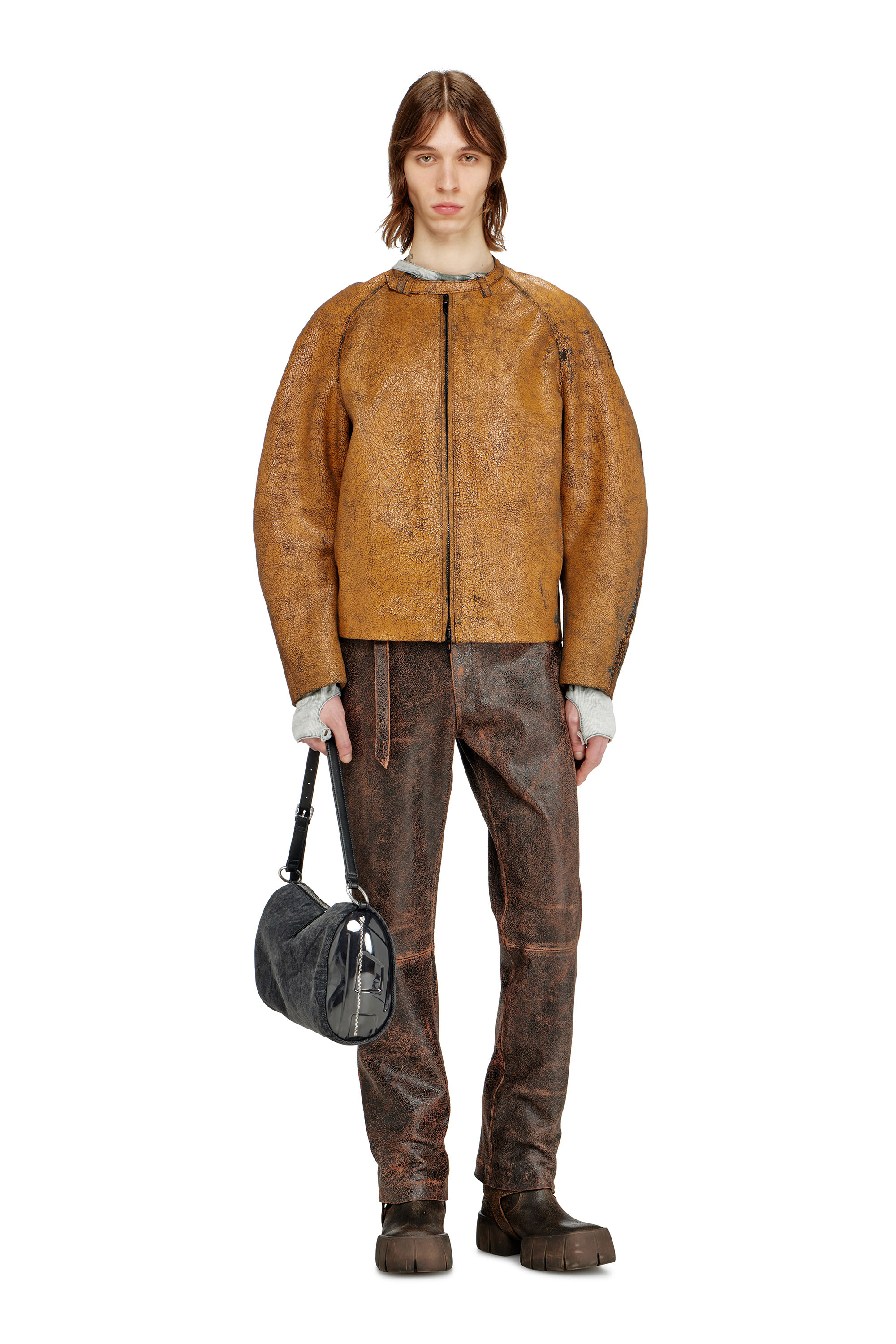 Diesel - P-NURI, Man's Cracked-leather pants with biker strap detail in null - 1