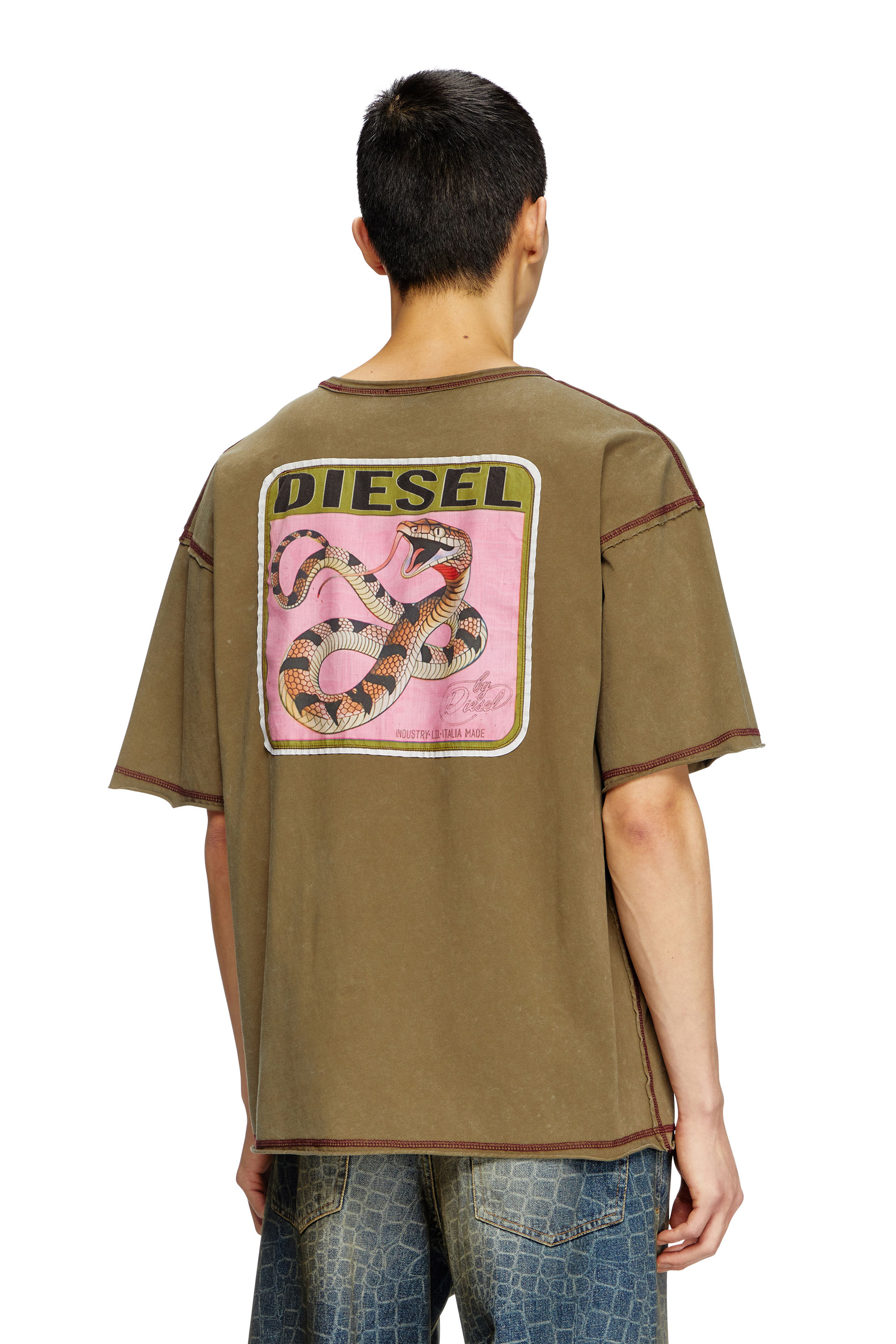 Diesel - CL-T-BOXT-SNAKE, Unisex's Treated T-shirt with snake patches in Olive Green - 5