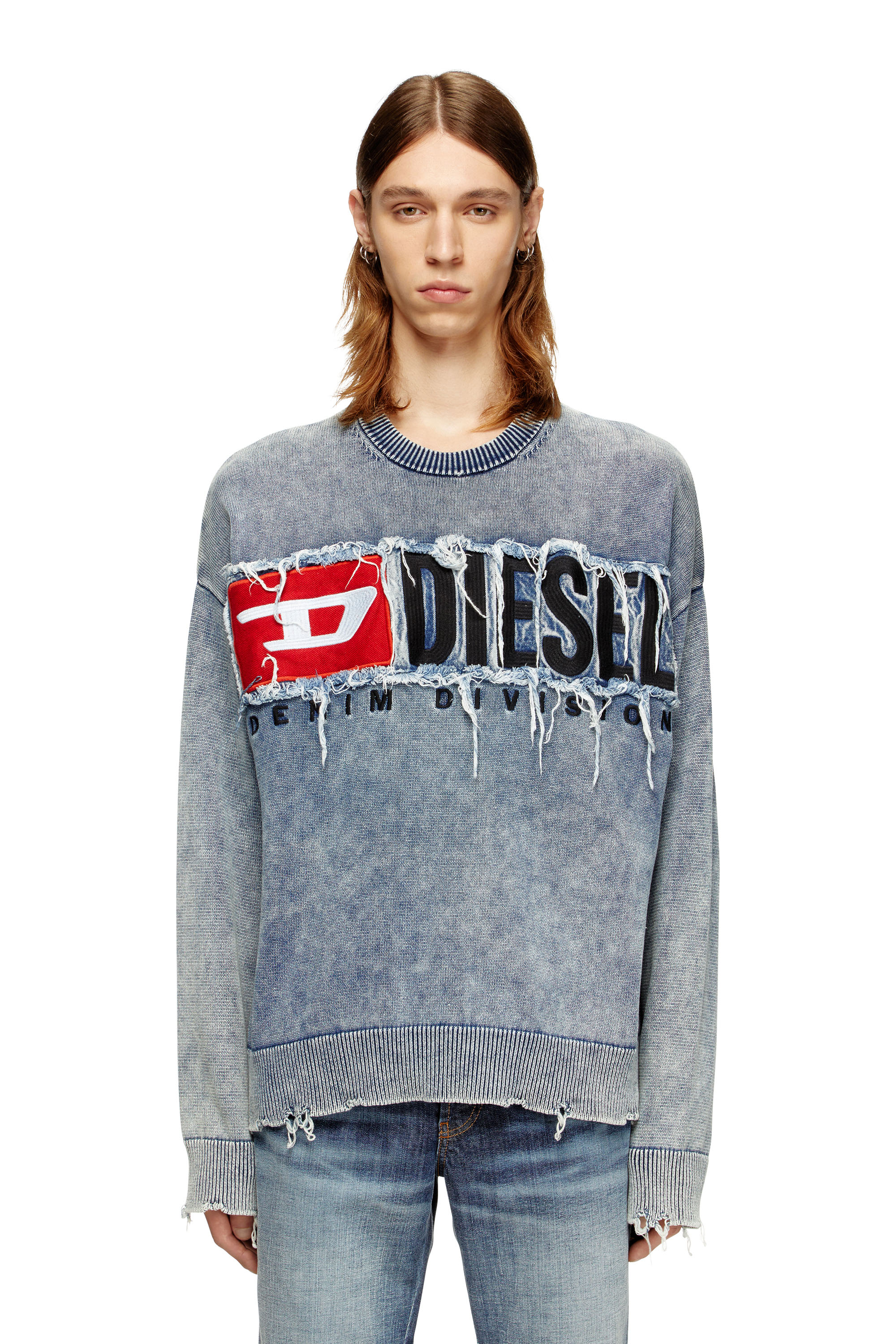 Diesel - K-FRONZI, Man's Cotton jumper with denim logo patch in Blue - 3