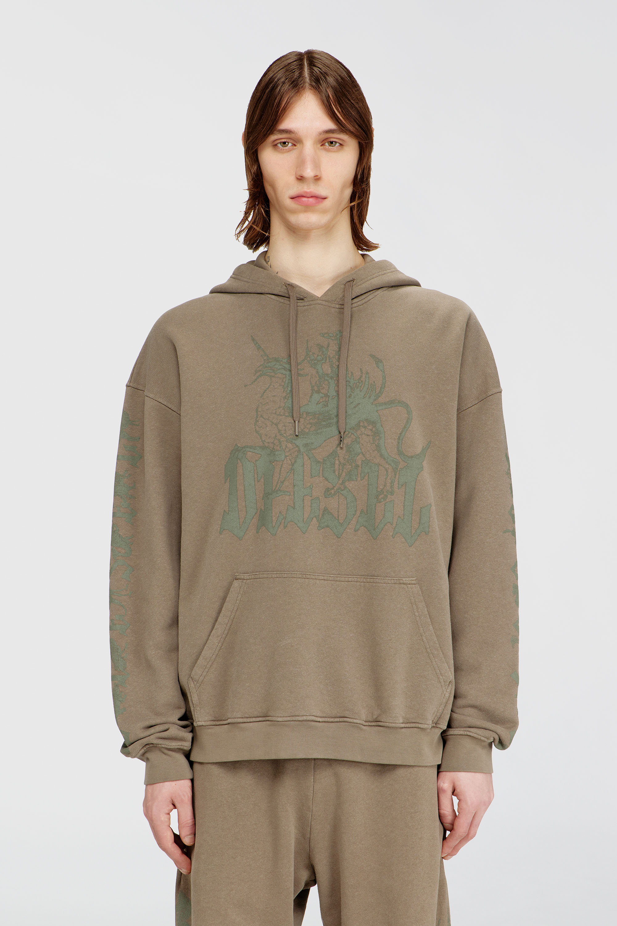 Diesel - S-GRIFFON, Man's Treated hoodie with griffin print in Light Brown - 3