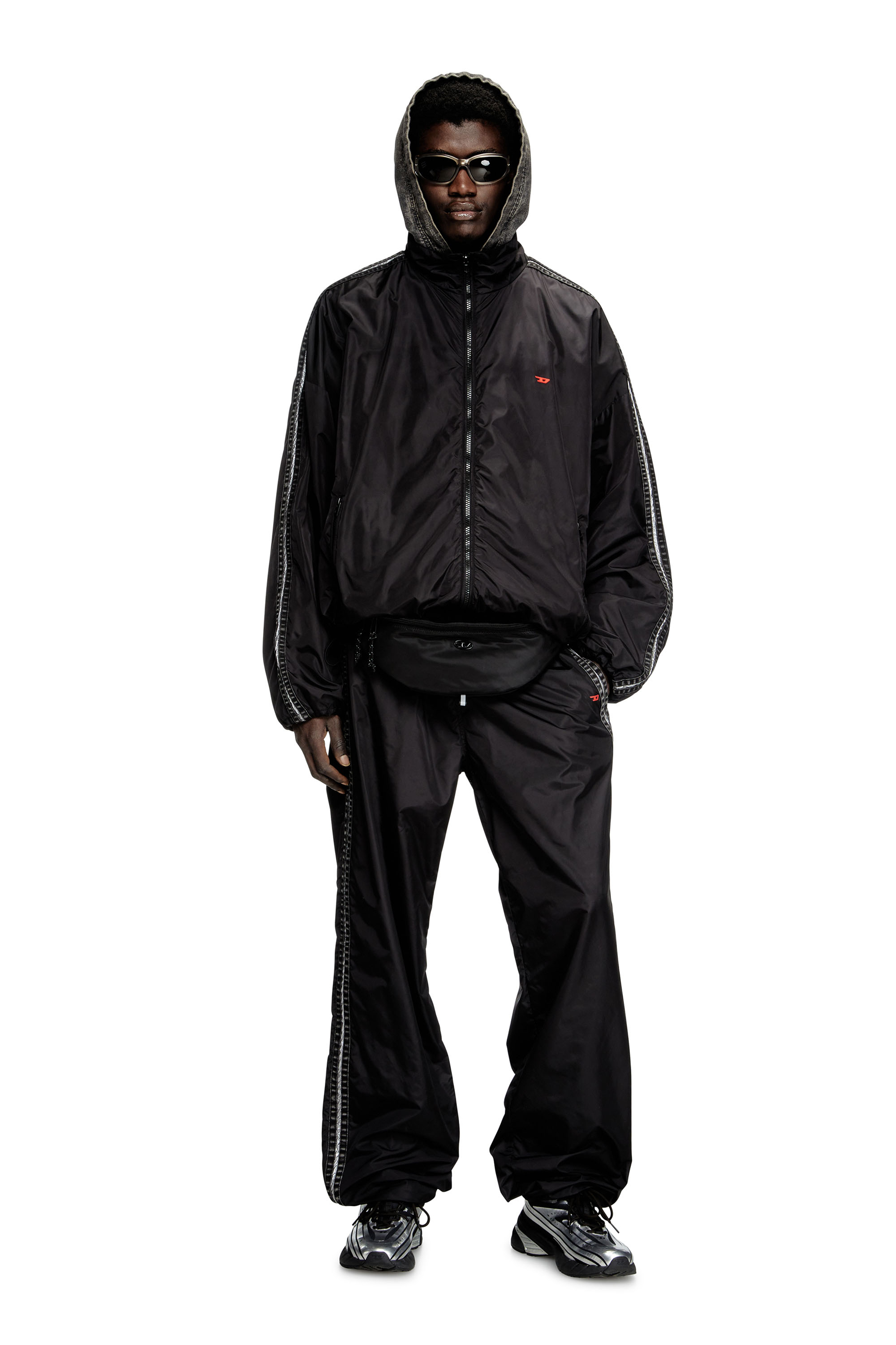 Diesel - J-CARON, Man's Nylon track jacket with denim bands in Black - 1