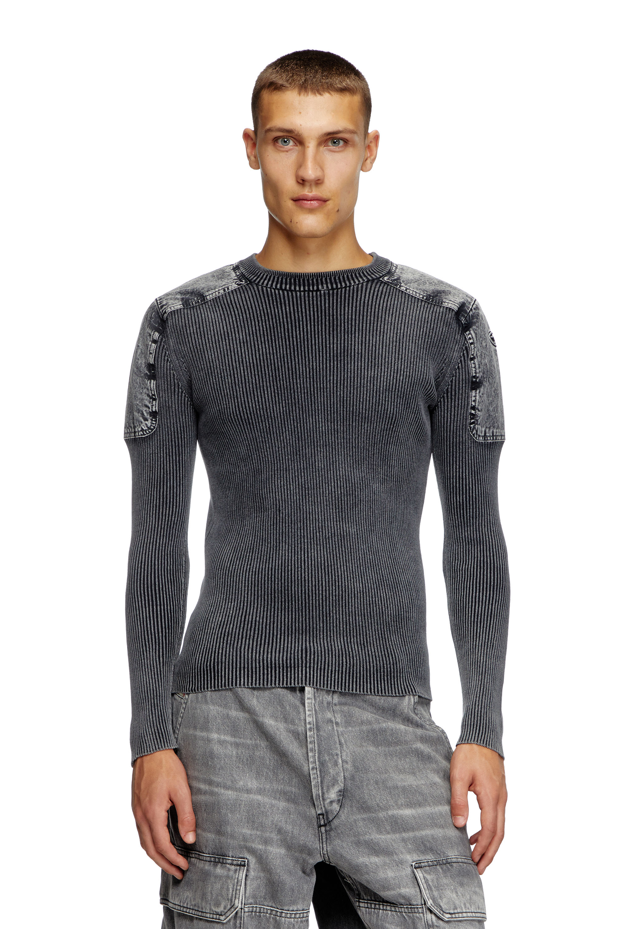 Diesel - K-MARTIN, Man's Jumper with contrast shoulder panels in Dark grey - 1