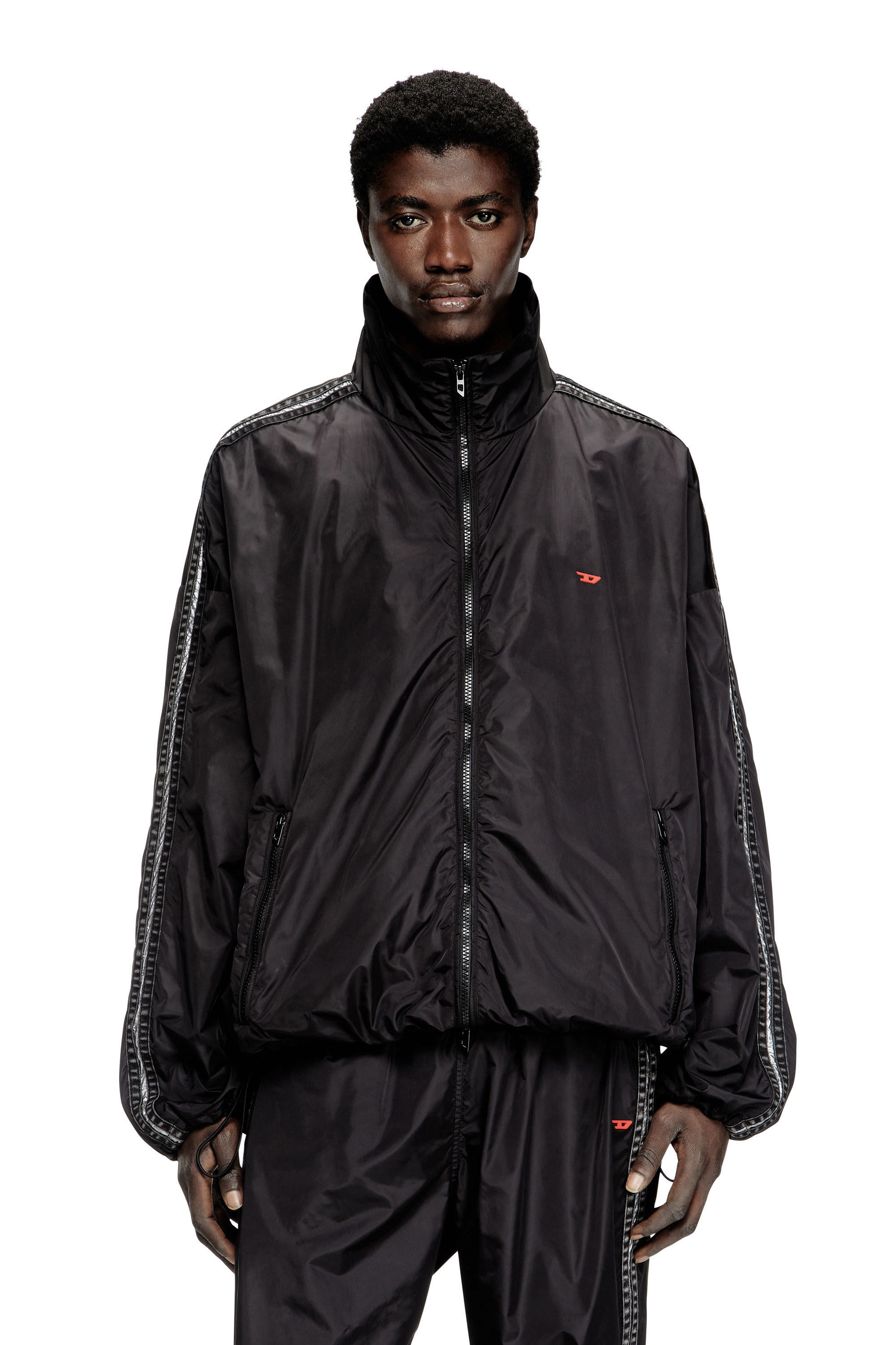Diesel - J-CARON, Man's Nylon track jacket with denim bands in Black - 3