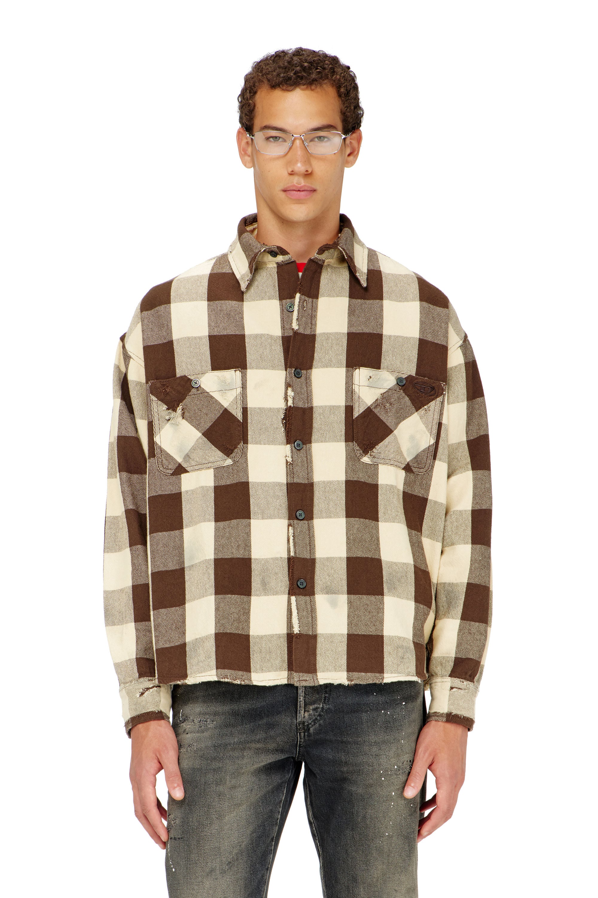 Diesel - S-DRUM, Man's Check flannel shirt with distressed effect in Brown/White - 1