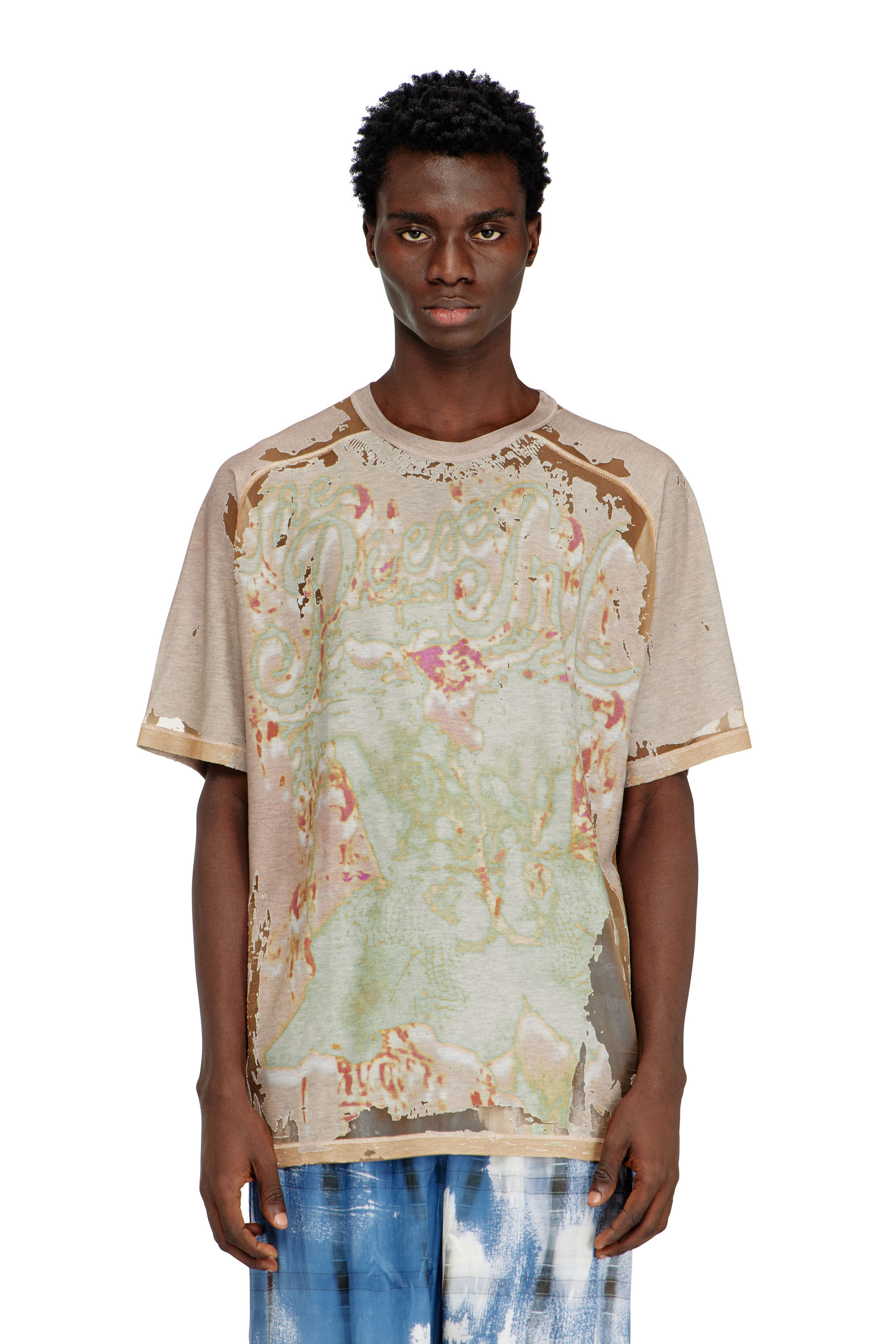 Diesel - T-LIVO, Man's T-shirt in printed devor&eacute; jersey in Light Brown - 1