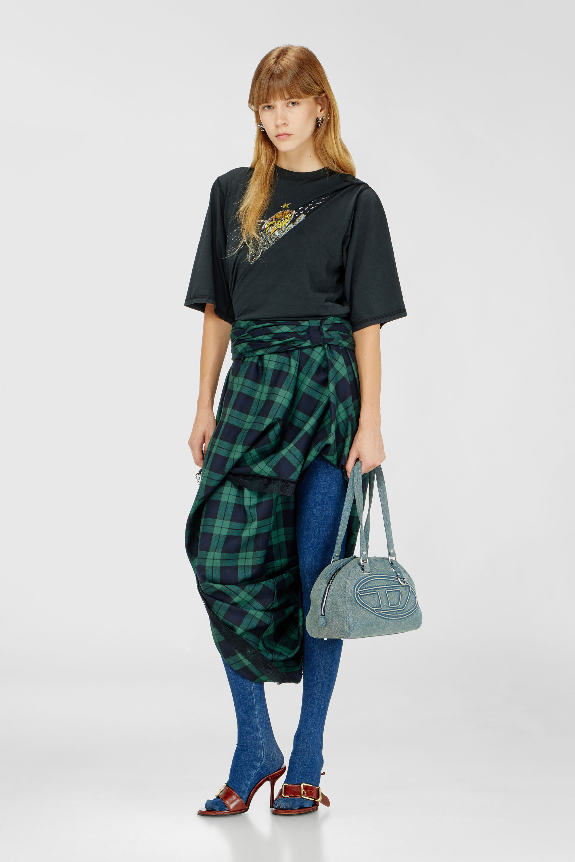 Diesel - O-WINNY, Woman's Draped tartan midi skirt with lace trim in Green/Blue - 1