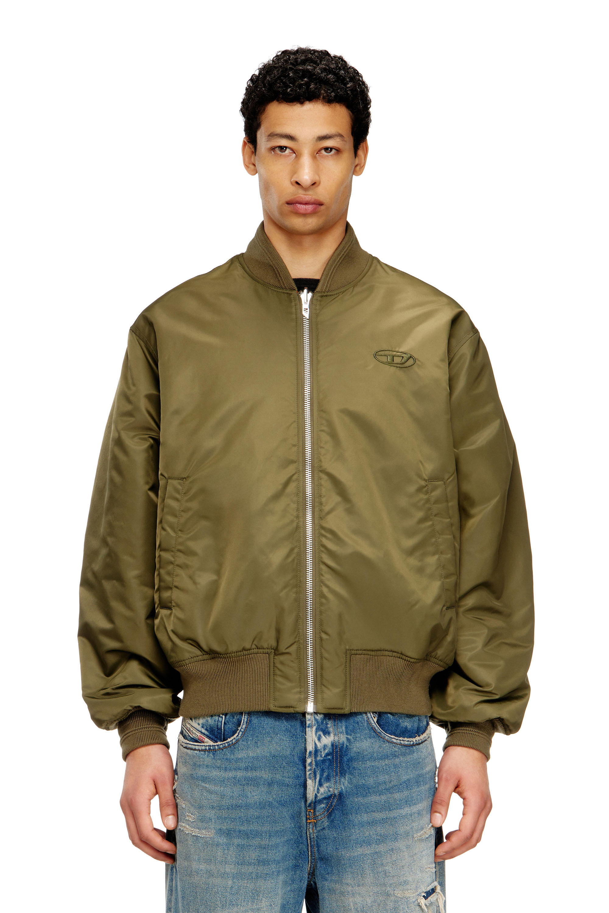 Diesel - W-TYPE-D1, Man's Padded bomber jacket with Oval D embroidery in Green/Orange - 3