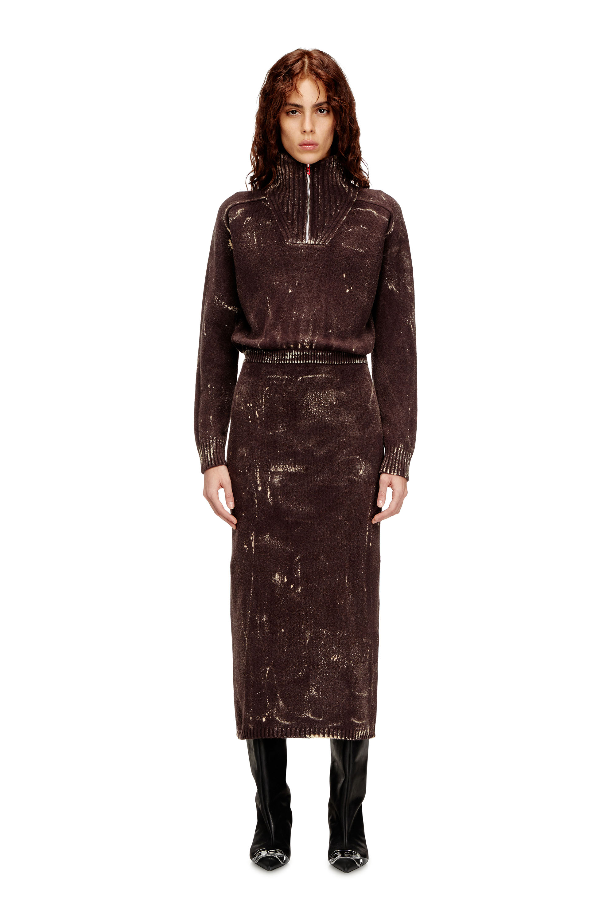 Diesel - M-MARCELLE, Woman's Midi dress in treated wool-blend knit in Brown - 3