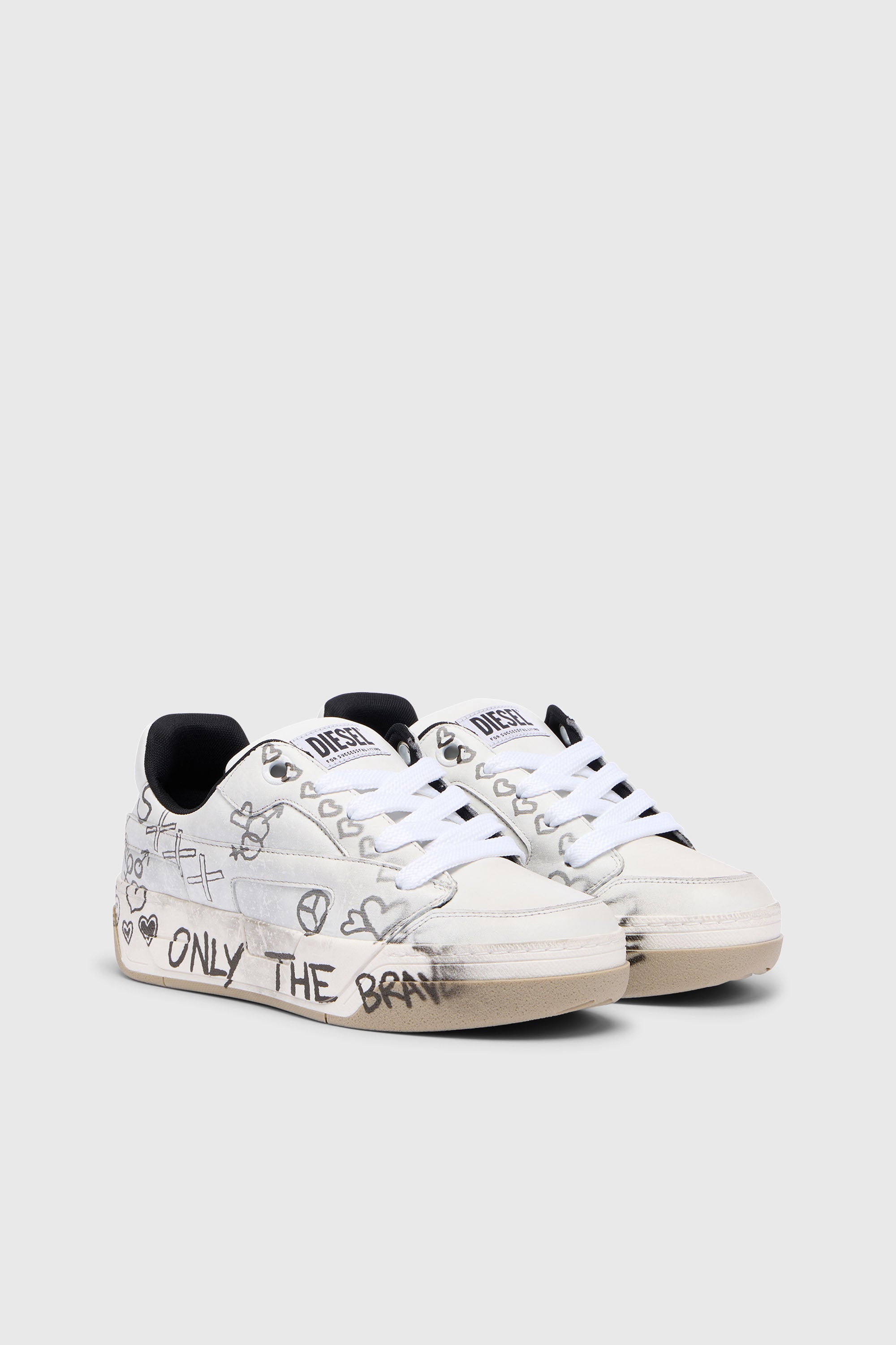 Diesel - S-D-OLLIE LOW, Man's D-Ollie-Leather sneakers with graffiti print in White - 2