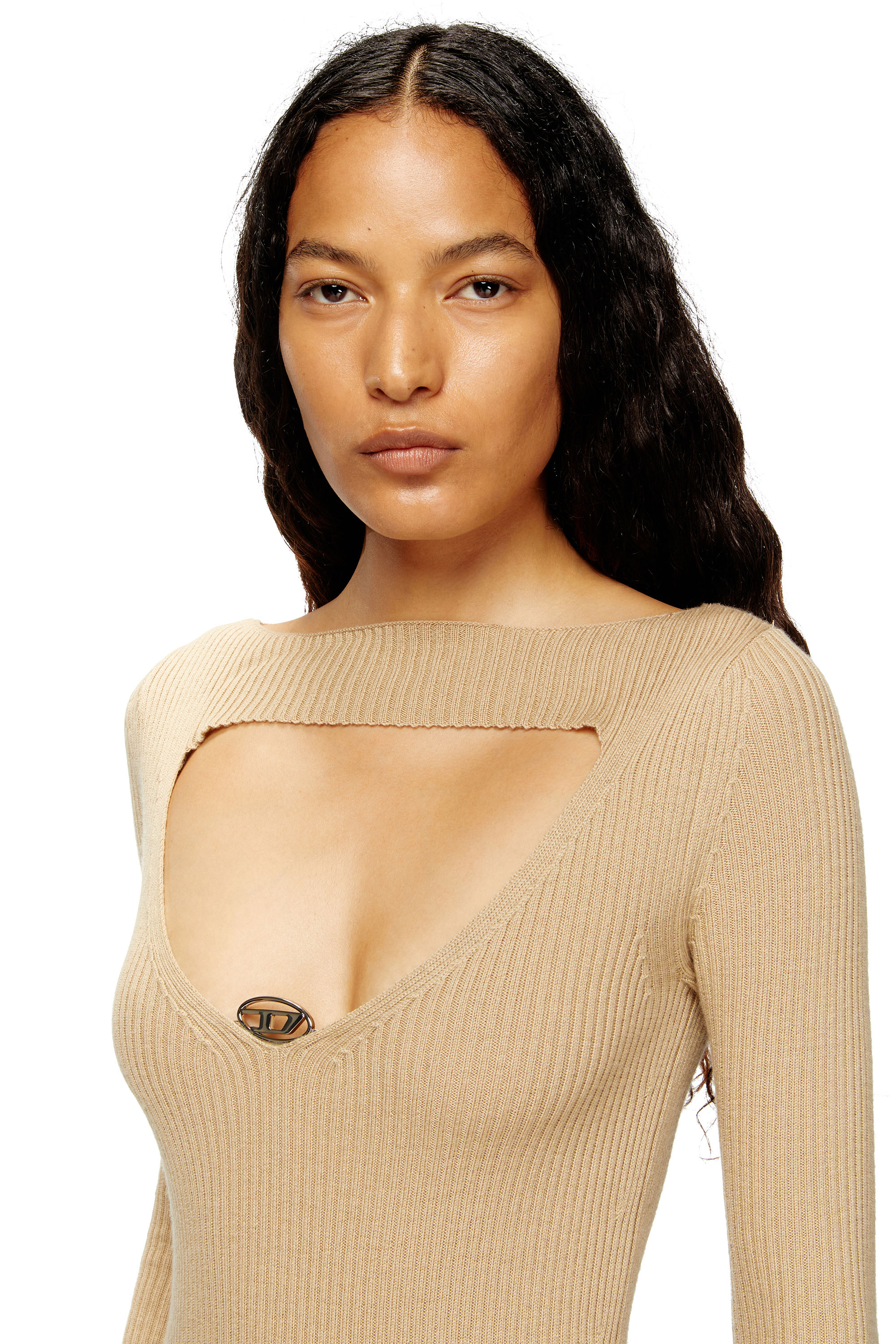 Diesel - M-OLONI, Woman's Midi wool dress with inlay in Beige - 5