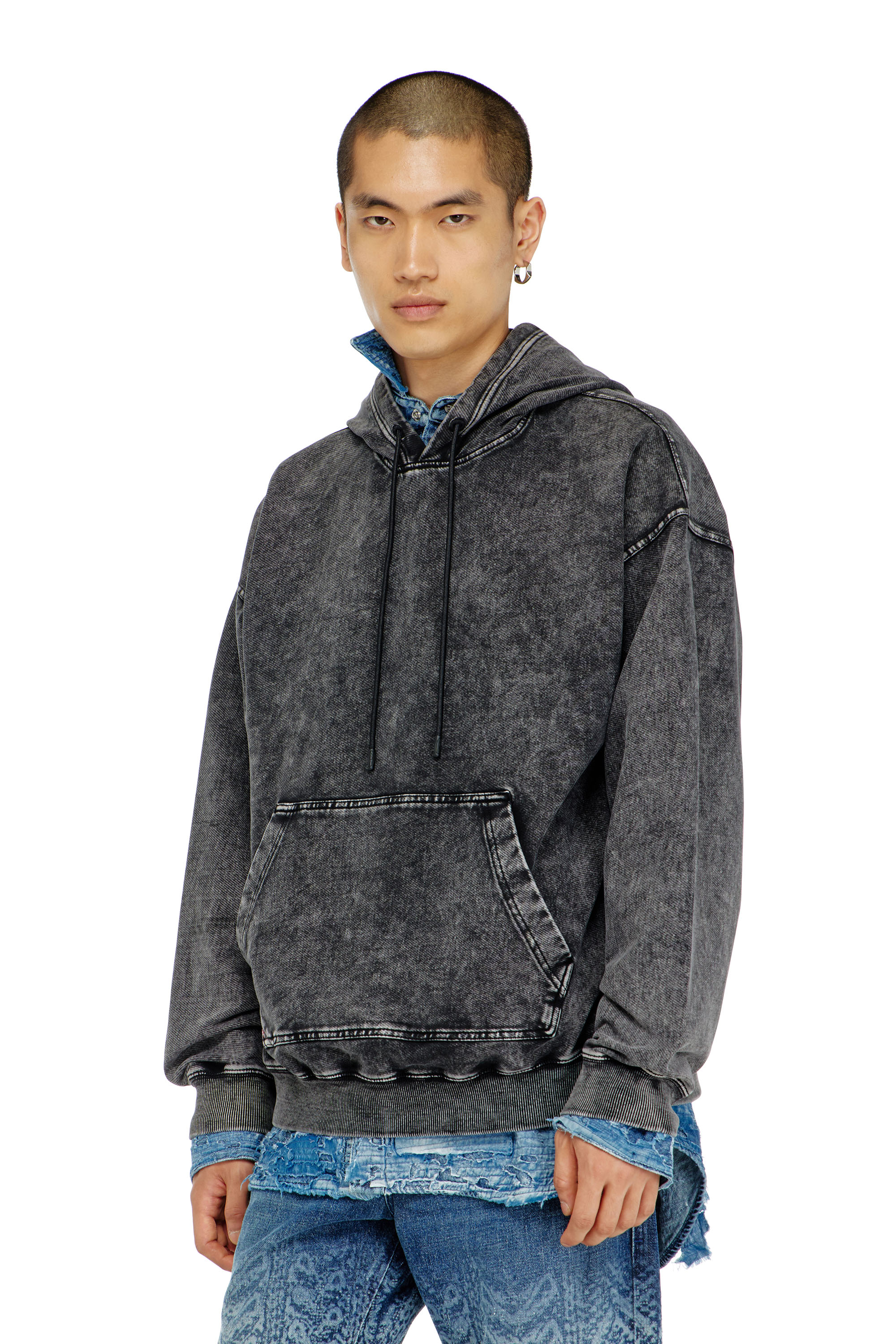 Diesel - S-BOXT-HOOD-TUK, Man's Treated denim-effect hoodie in Dark grey - 1